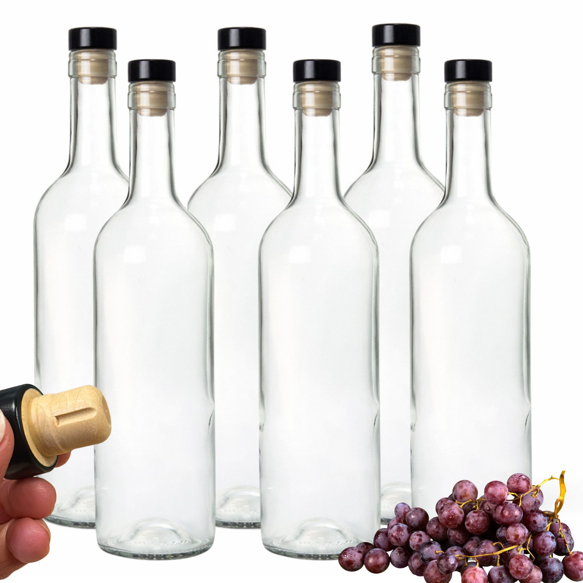 mikken Trinkflasche 6x Glasflasche 750 ml mit Korken & schwarzer Kappe leere Ölf