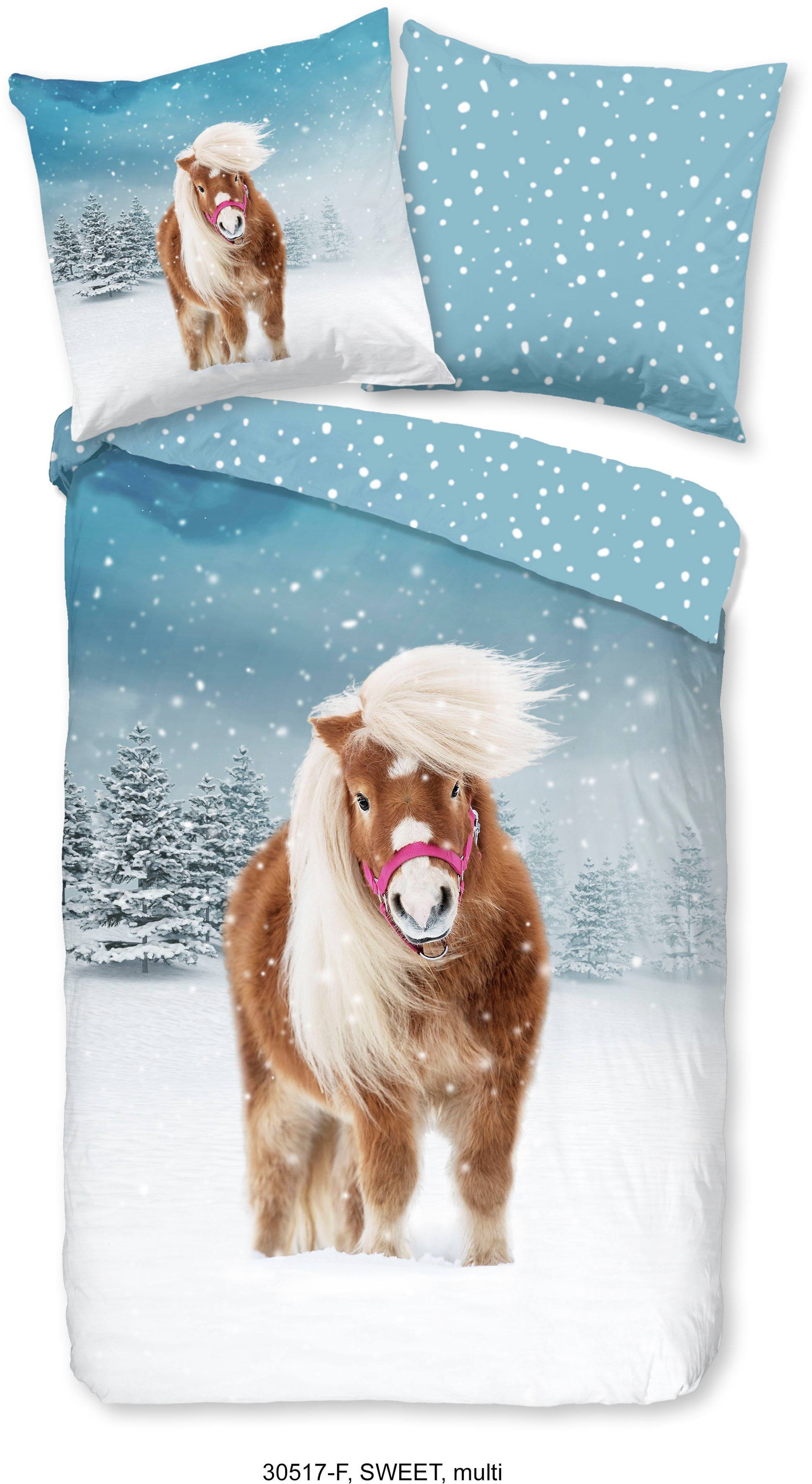 Kinderbettwäsche Sweet Winter Horse, good morning, Biber, Flanell, 2 teilig, 100% Baumwolle, Pony, mit Reißverschluss