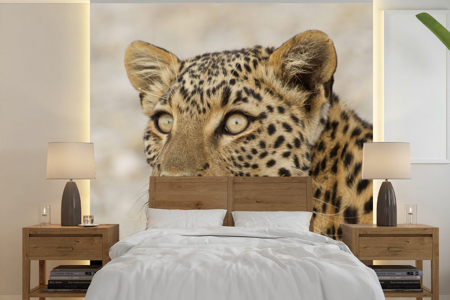 MuchoWow Fototapete Leopard - Makro - Braun, Matt, bedruckt, (5 St), Vinyl Tapete für Wohnzimmer oder Schlafzimmer, Wandtapete | Fototapeten