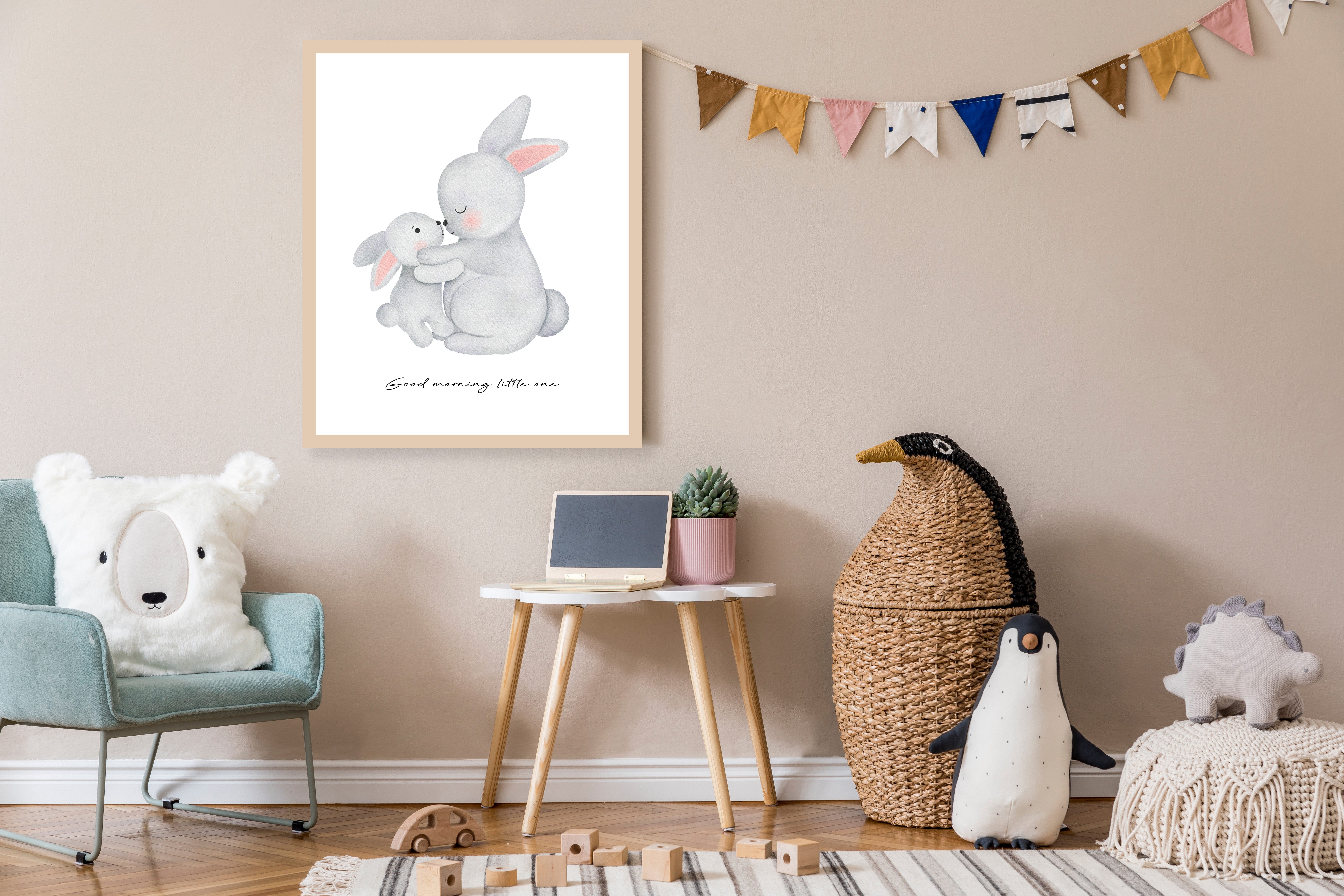 Lüttenhütt Bild mit Rahmen oder Poster, Großer Hase und Hasenkind, Fantasy, Hase, Hasen, Liebessprüche, Schriftzug, Tiere (1 St), HD Premium Druck