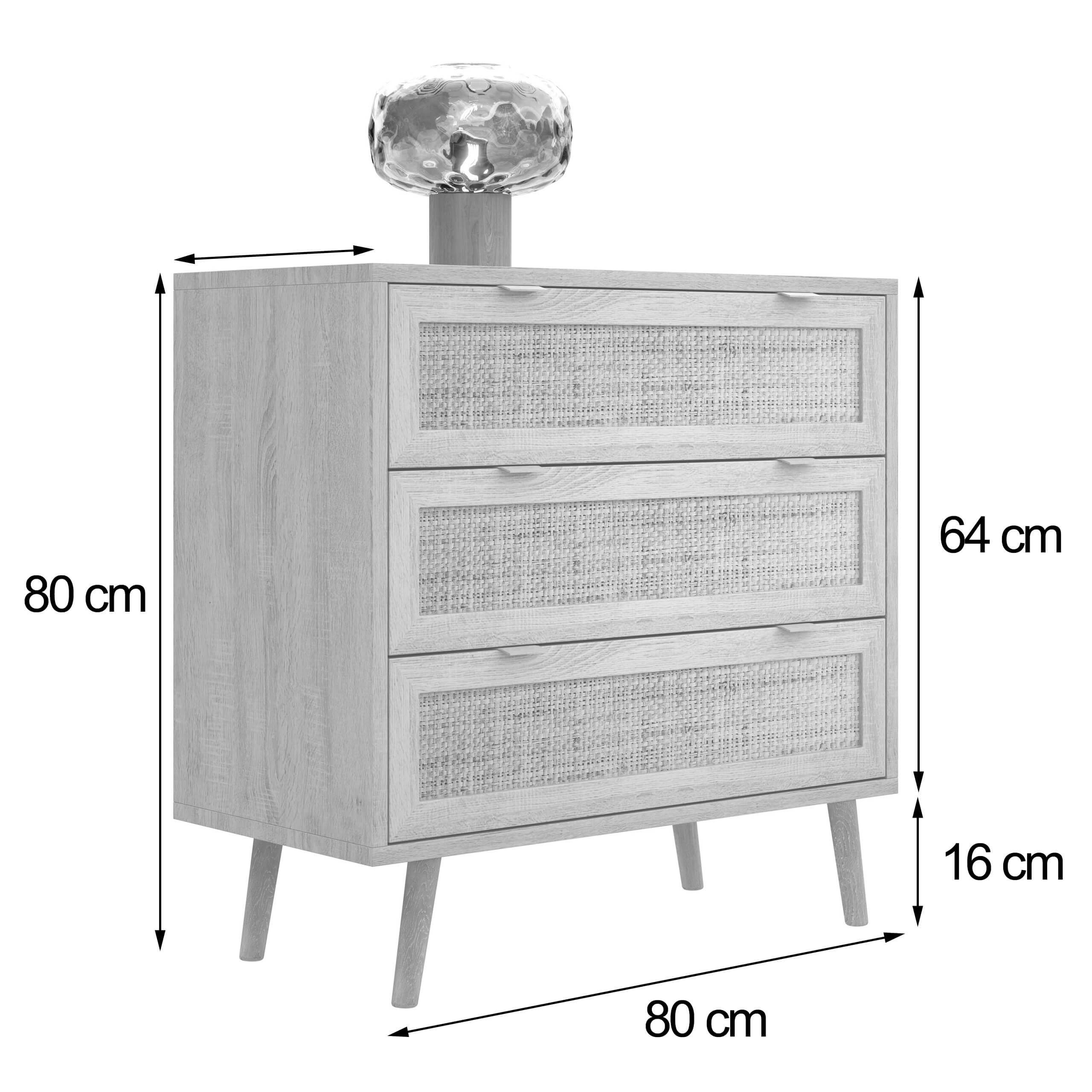 Newroom Sideboard Rattan Optik 80 cm, Kommode mit Schubladen Sonoma Eiche Rattan Modern Boho Skandinavisch