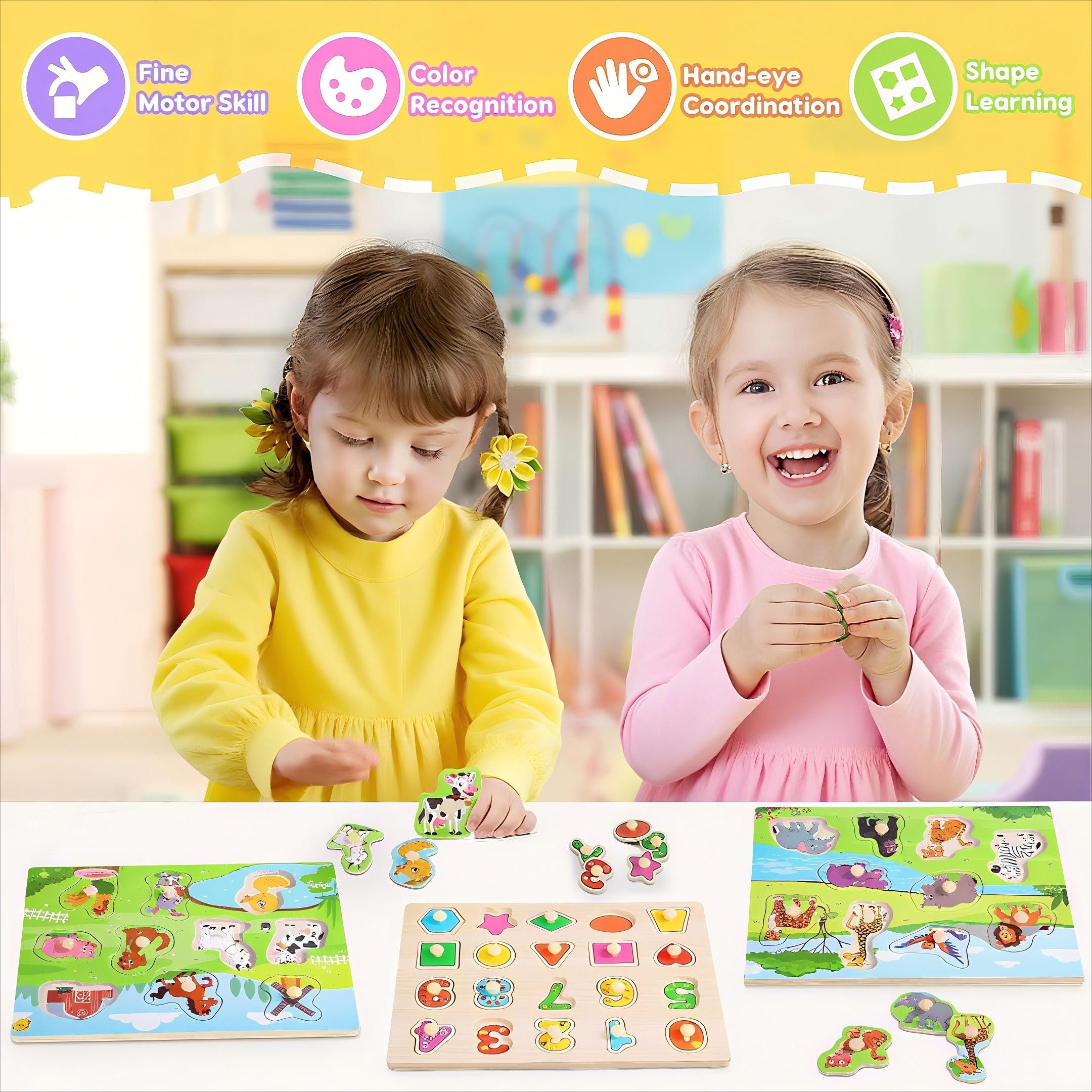 POPOLIC Lernspielzeug 3er-Set Holzpuzzle, Kleinkinder Spielzeug ab 2 3 Jahre (1-St., Montessori Spielzeug ab 1 Jahr, Puzzle ab 2), Holzspielzeug Kinderspielzeug – Bild 2 von 5