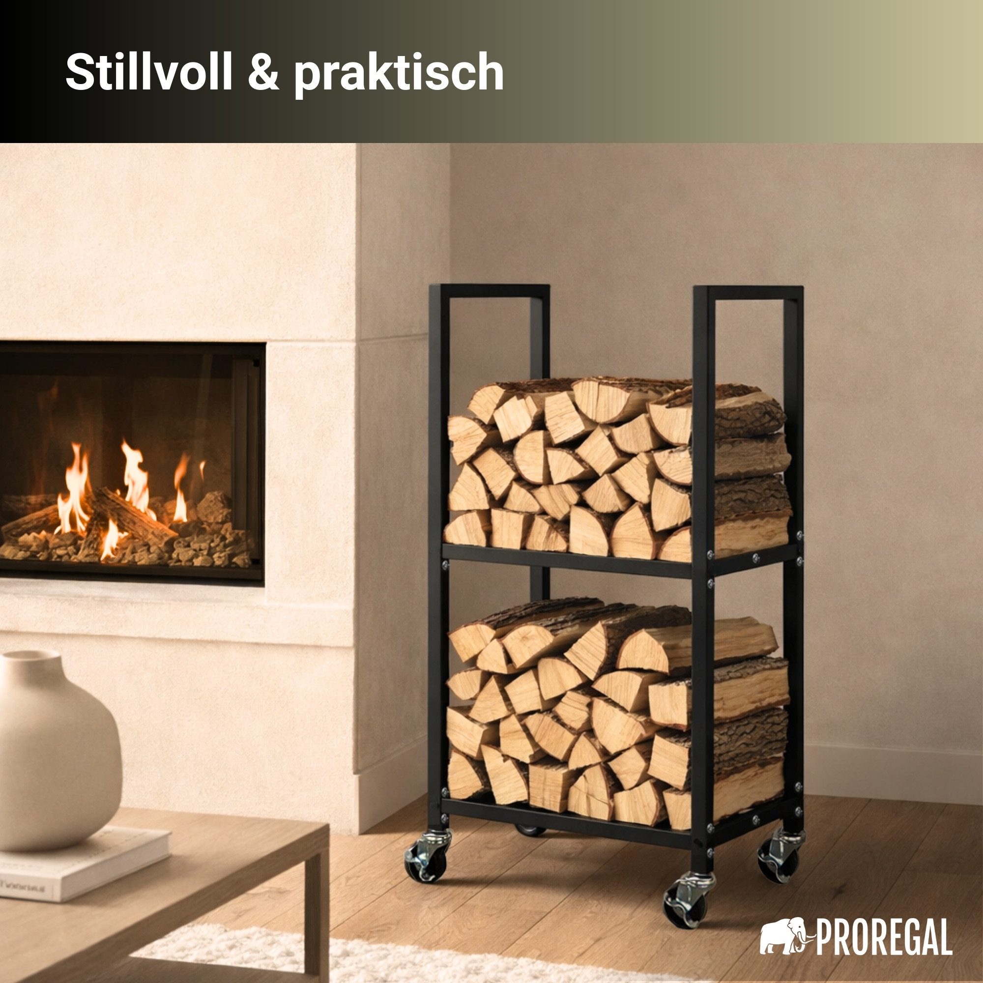 PROREGAL® Kaminholzregal PHOENIX mit Rollen & 2 Ebenen 82x44x28cm Metall Schwarz Holzständer, BxTxH:44x28x82 cm, Holzständer Holzhalter Kaminholzständer Brennho – Bild 3 von 5