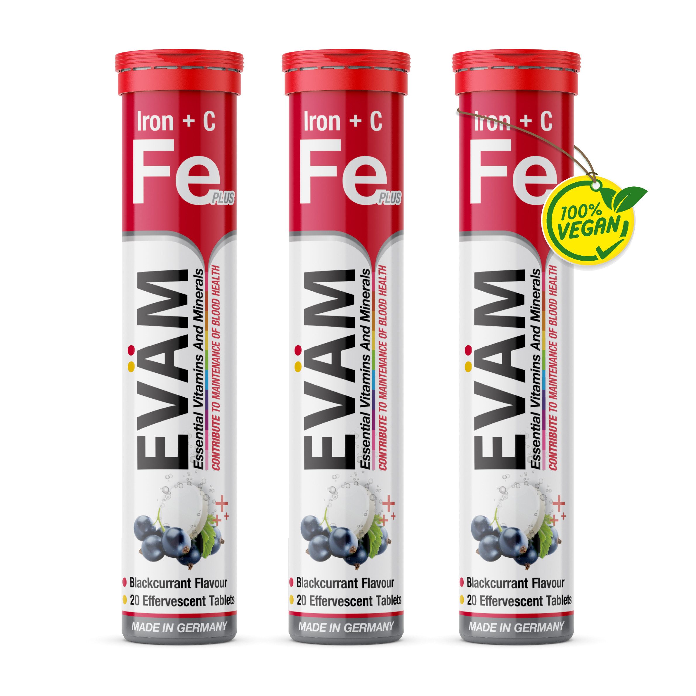 EVÄM Eisen + Vitamin C mit schwarze Johannisbeeren, vegan Brausetabletten, 3 er Rörchen à 20 St., 246 g, made in Germany