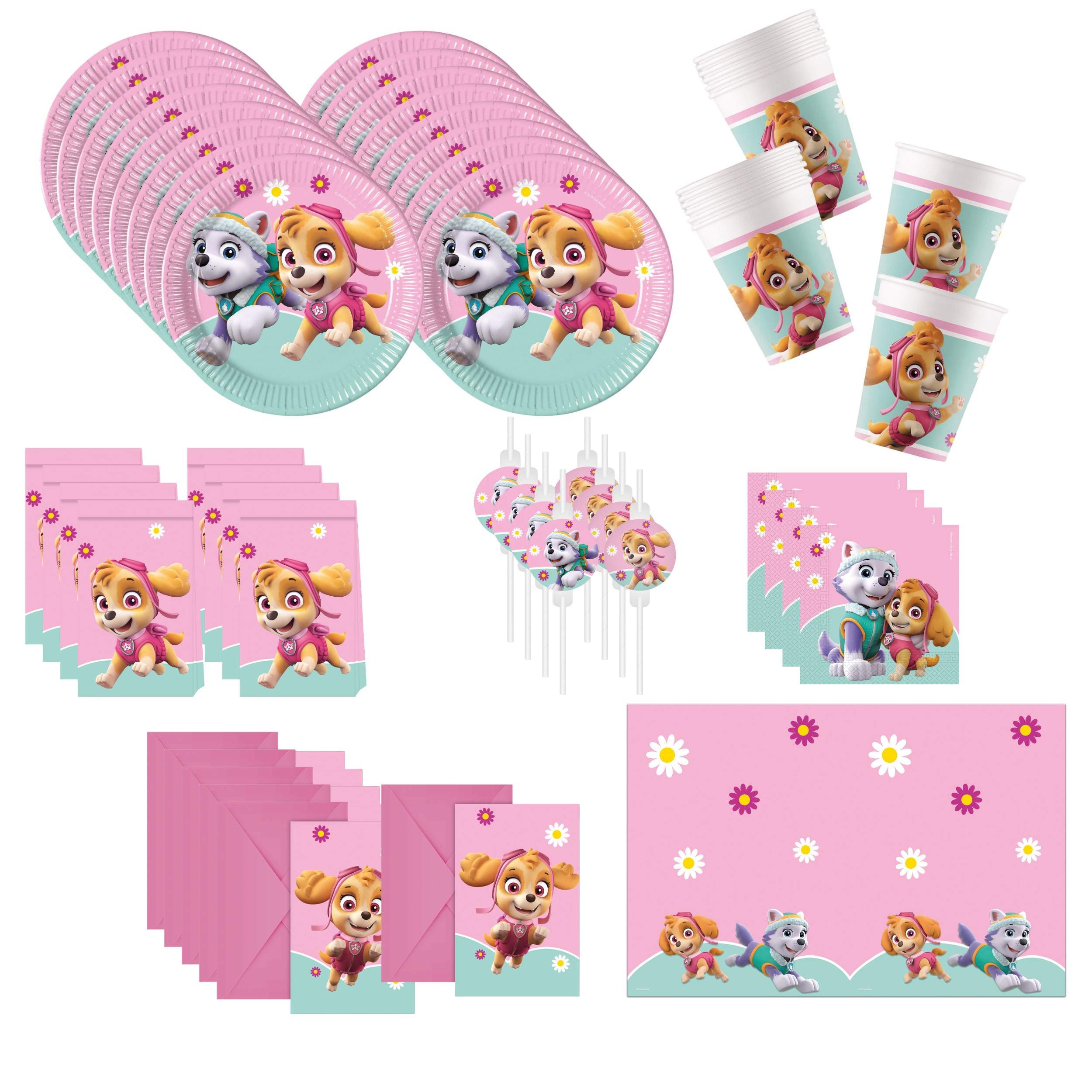 Procos Einweggeschirr-Set 75-tlg. Paw Patrol Skye & Everest Partyset für Kindergeburtstag, 16 Personen