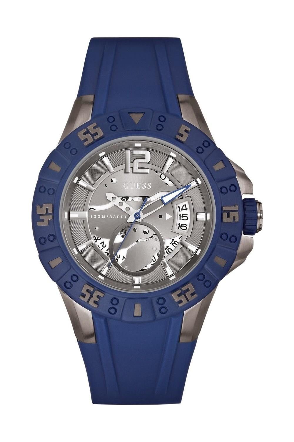 Guess Quarzuhr Armbanduhr Analog Edelstahl Kunststoffband Blau Grau Datum W0034G6, Datumsanzeige, Drehlünette, verschraubte Krone