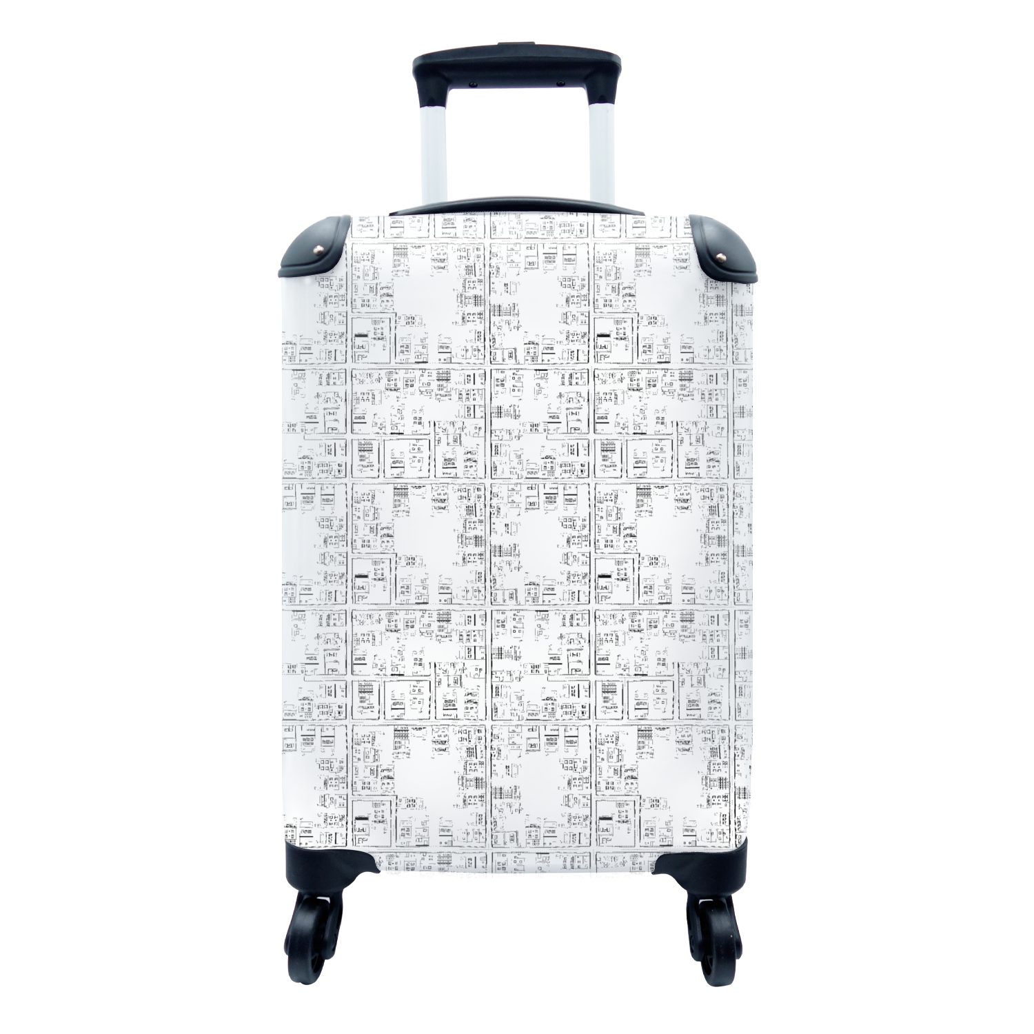 Schwarz MuchoWow - Trolley, - für Handgepäckkoffer Handgepäck rollen, Reisekoffer Reisetasche Ferien, mit Muster weiß, und Rollen, 4 Stadtplan