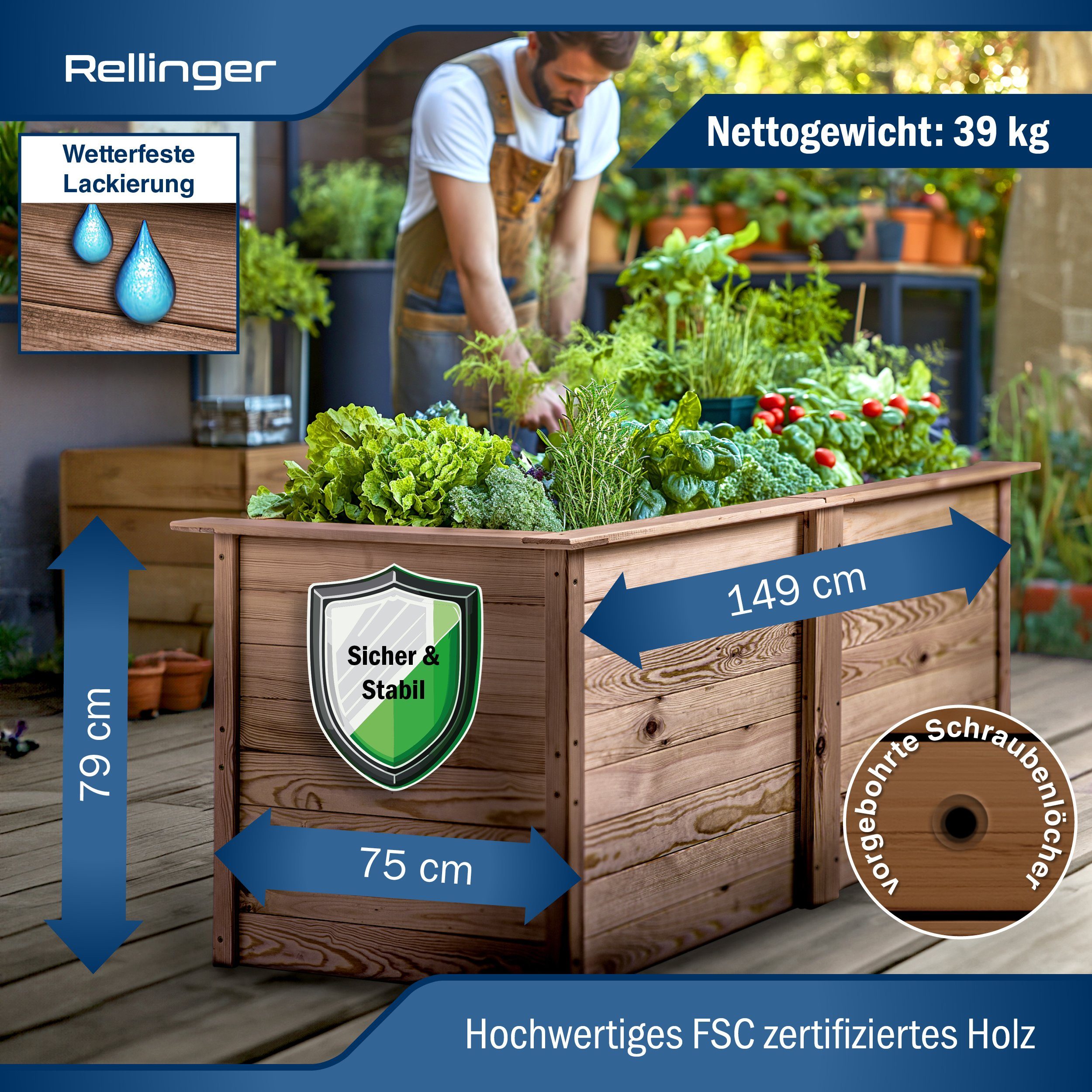 Rellinger Hochbeet Holz [OPTIMALER SCHUTZ VOR SCHÄDLINGEN] - inkl. Innenfolie