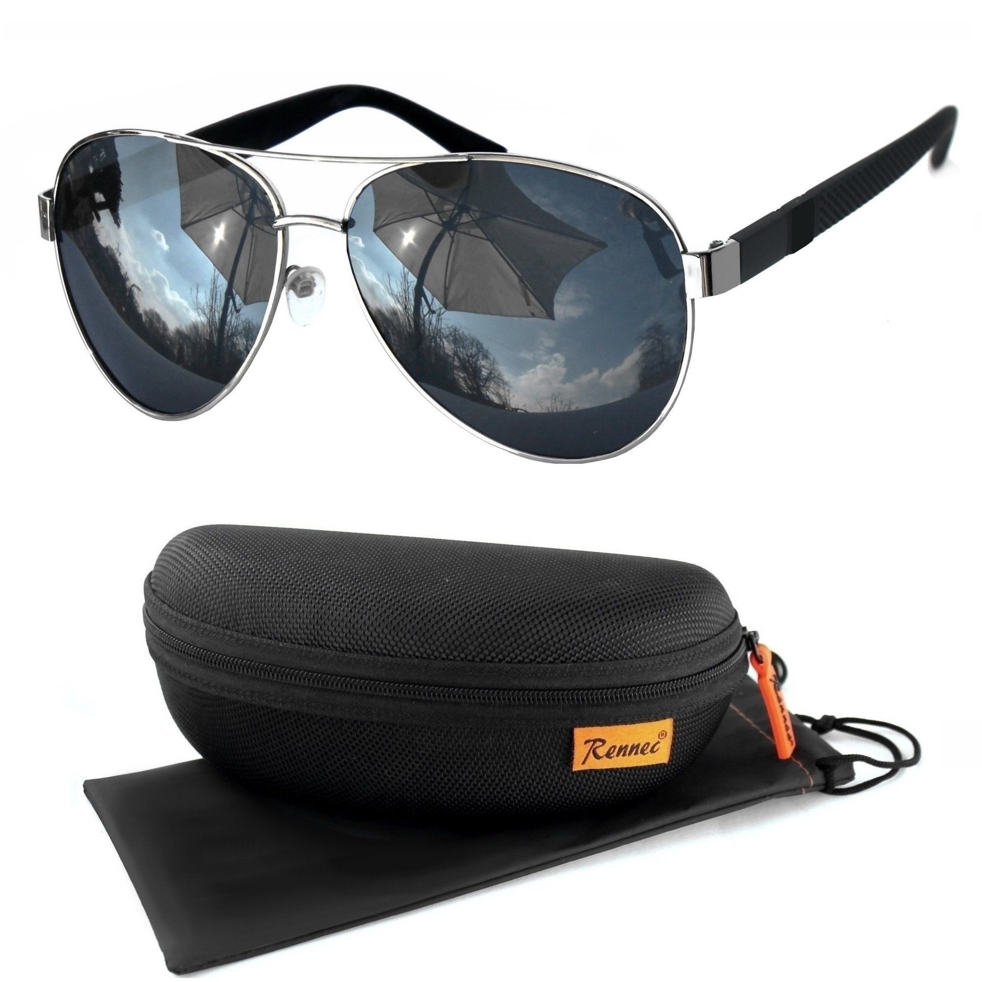 Rennec Sonnenbrille (Piloten Sonnenbrille Polarisiert Herren Damen XL Groß Brillenbox, Gestell in Silber und Gläser in Schwarz) Pilotenbrille Getönt UV400 Polarisierte Linsen sportliche Brillenbügel