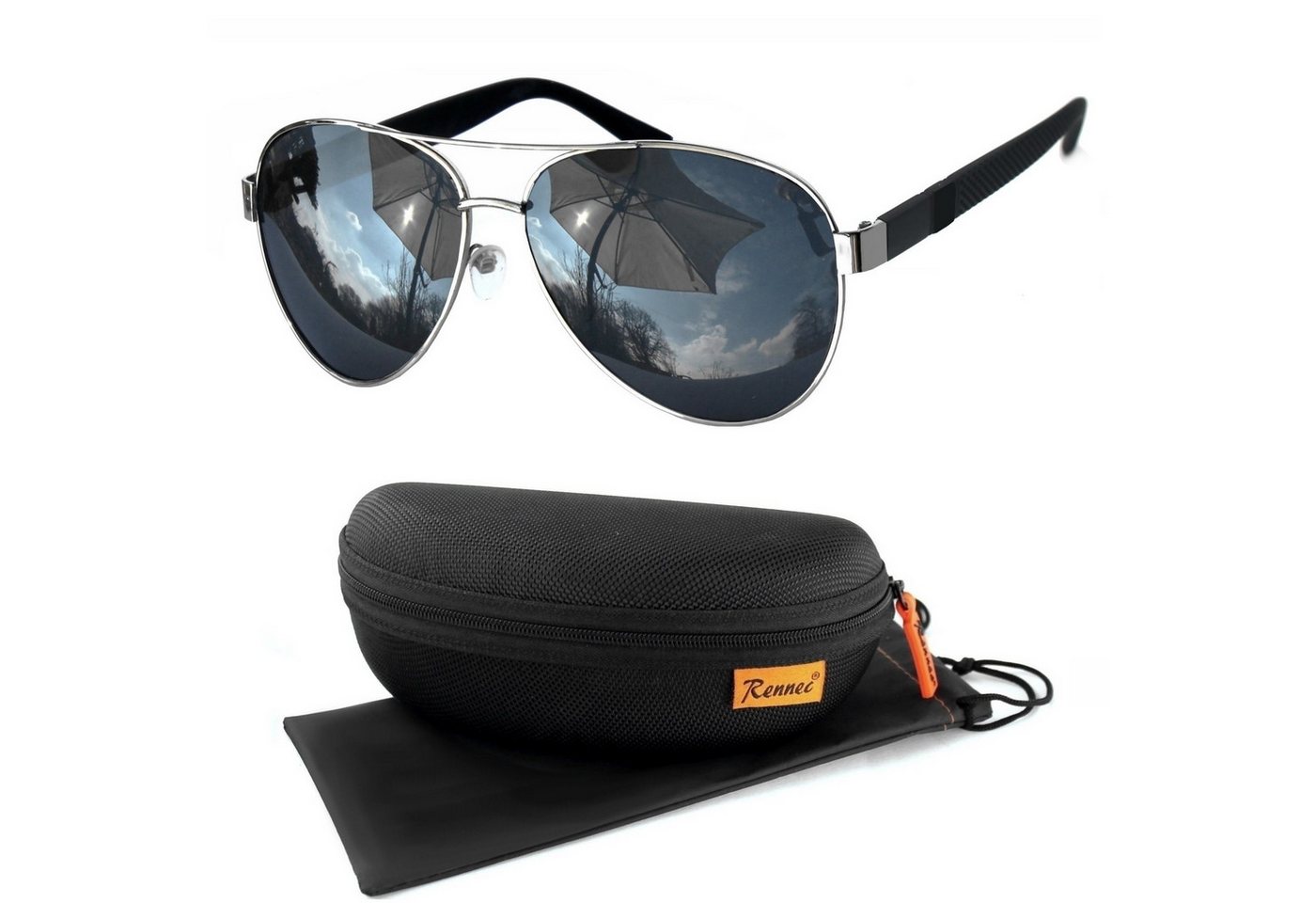 Rennec Sonnenbrille (Piloten Sonnenbrille Polarisiert Herren Damen XL Groß Brillenbox, Gestell in Silber und Gläser in Schwarz) Pilotenbrille Getönt UV400 Polarisierte Linsen sportliche Brillenbügel