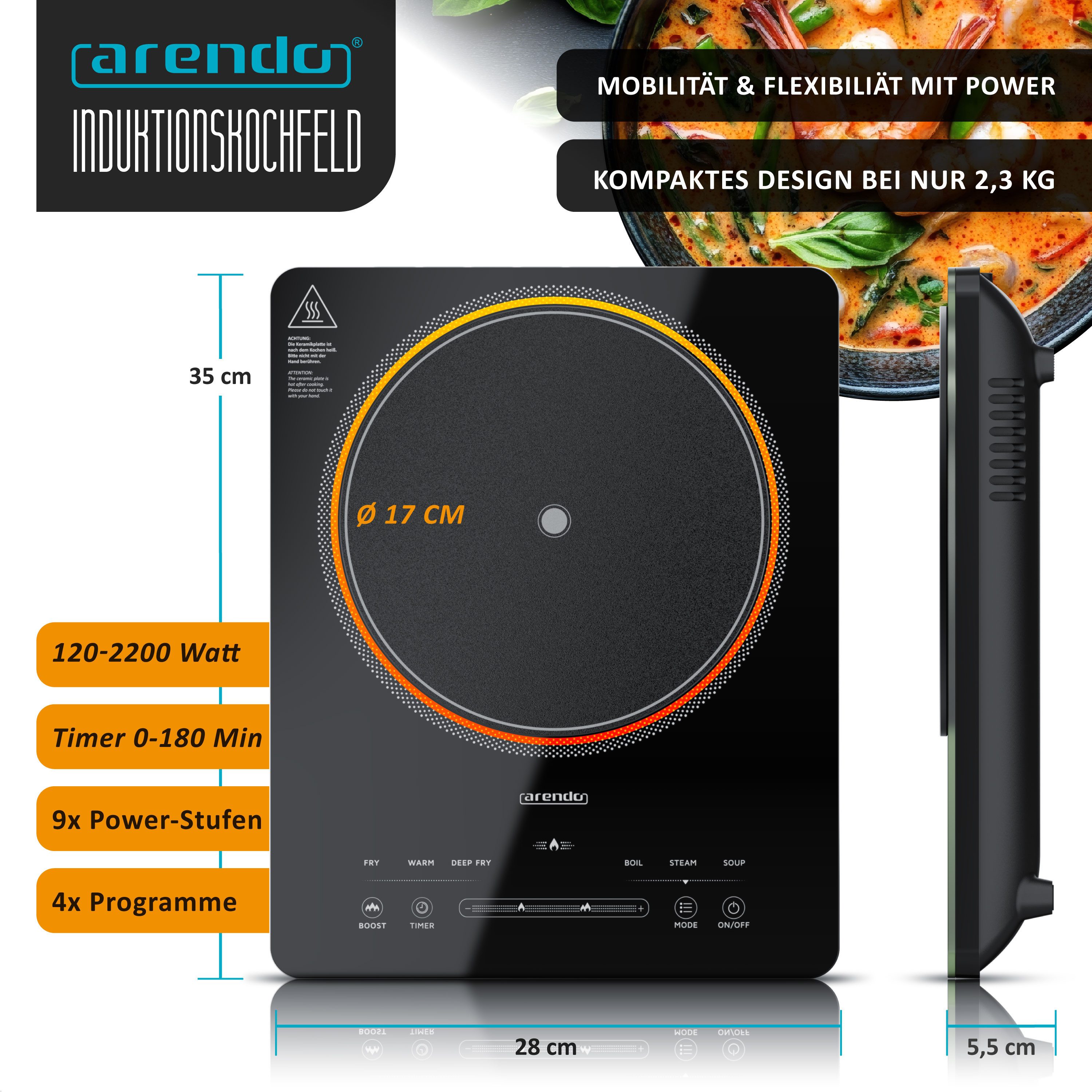 Arendo Induktions-Kochfeld Einzelkochplatte, Mobile 2200W Induktionsplatte, Timer, Sensor-Touch & Kindersicherung