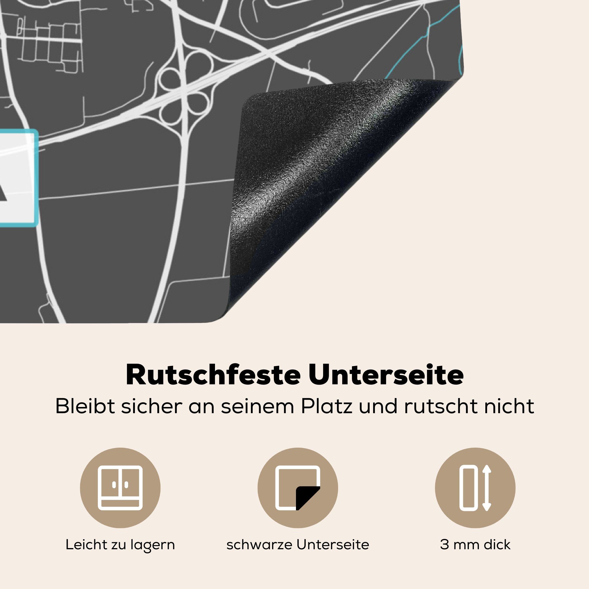 Karte, - - cm, - Unna Blau Vinyl, tlg), Deutschland Herdblende-/Abdeckplatte Ceranfeldabdeckung, Stadtplan MuchoWow Arbeitsplatte 78x78 für - (1 küche