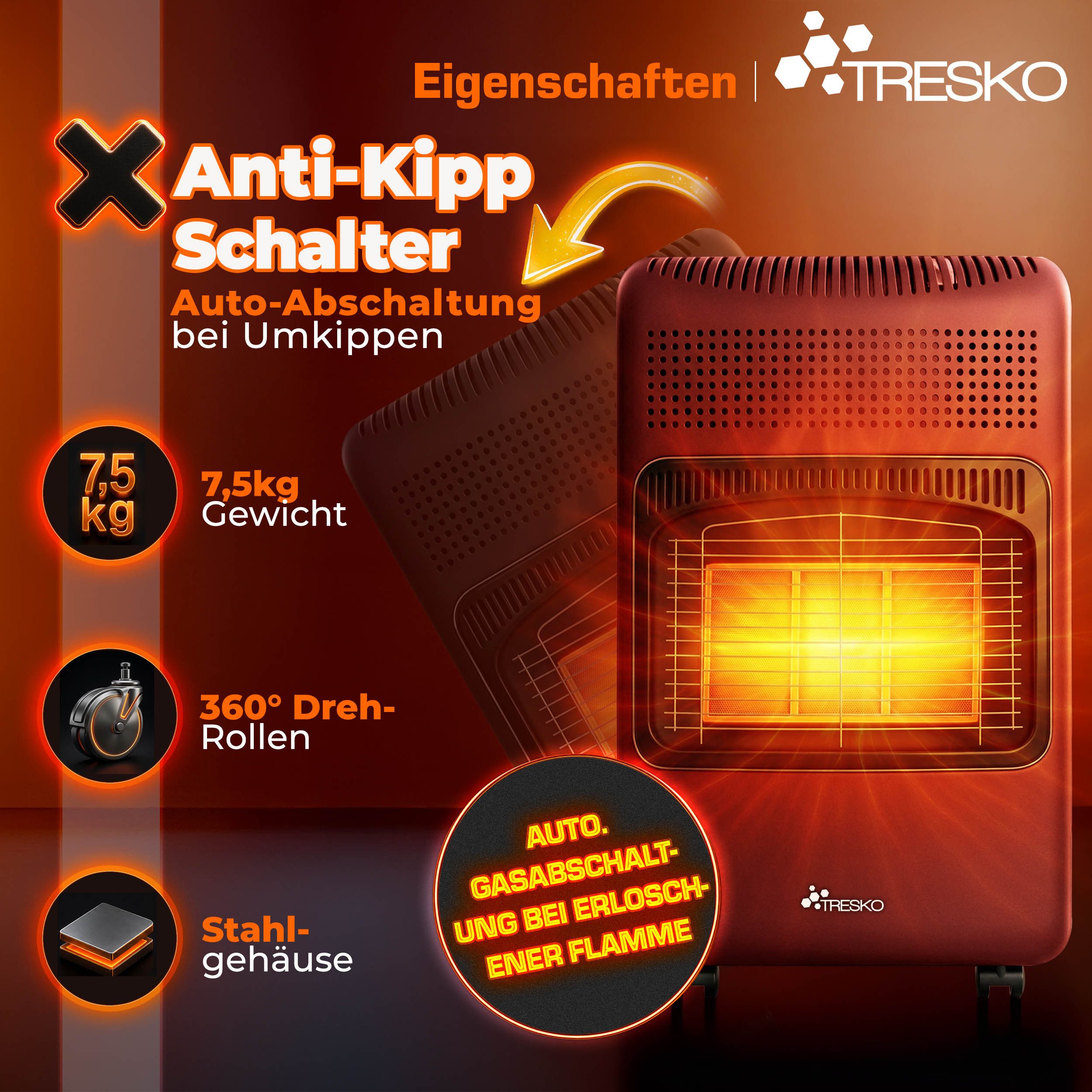 TRESKO Heizstrahler 4200 W Gasheizung + Abdeckung Gasheizer 3 Stufen Gasofen Gasheizofen