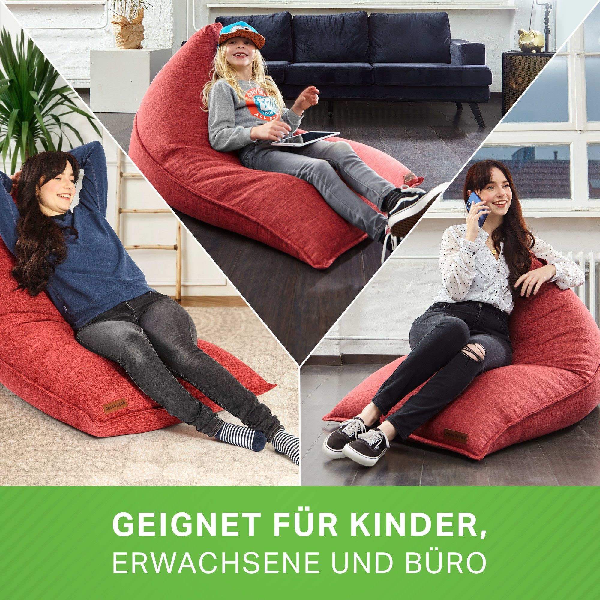 EPS-Perlen Bean Liegekissen Liegekissen -, Kuschelig (Indoor Füllung Waschbar), Triangle 150x100x100cm Sitzsack Sitzsack Chillkissen Weich mit Rot Green XXL Sitzkissen Bodenkissen