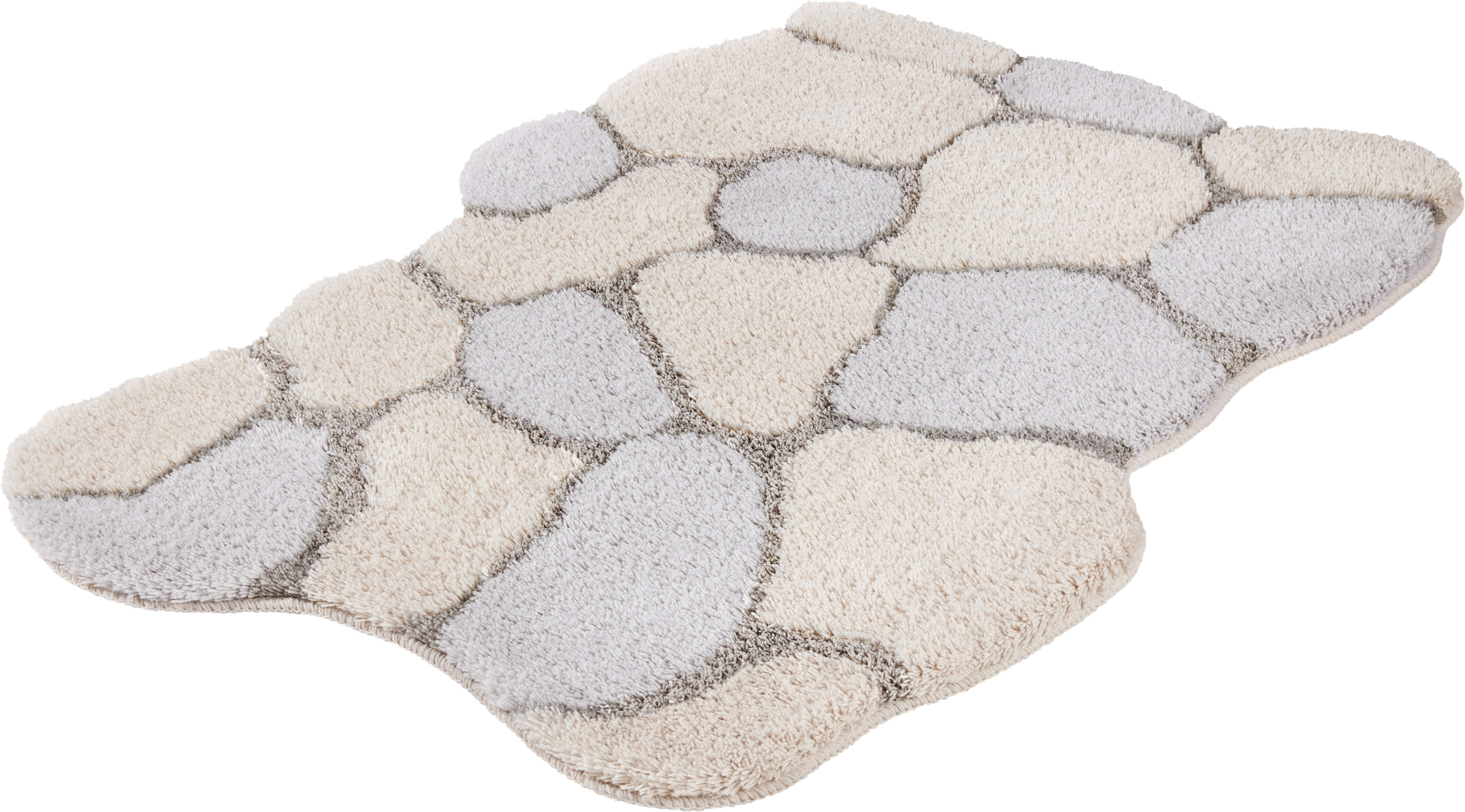Kleine Wolke Badematte Brick, Höhe 22 mm, rutschhemmend beschichtet, fußbodenheizungsgeeignet, Polyester, rechteckig, Zweifarbiger Stein-Look in Creme & Grau mit geschwungenen Formen