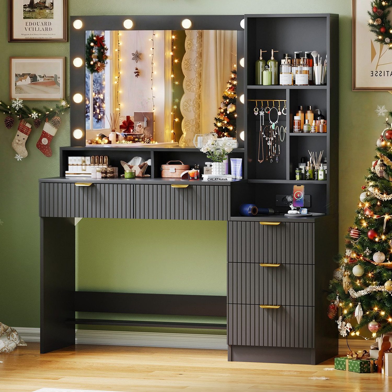 Furnicopia Schminktisch Einstellbare LED-Beleuchtung Fünf Schubladen und si günstig online kaufen