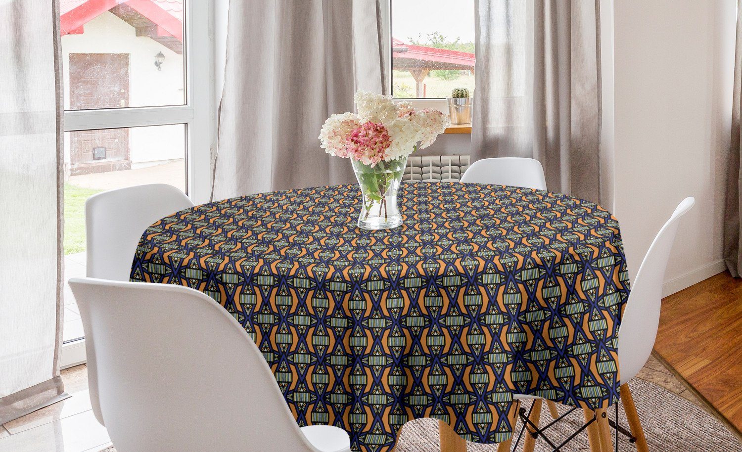 Abakuhaus Tischdecke Kreis Tischdecke Abdeckung für Esszimmer Küche Dekoration, Ethnisch Bunte Streifen und Sterne