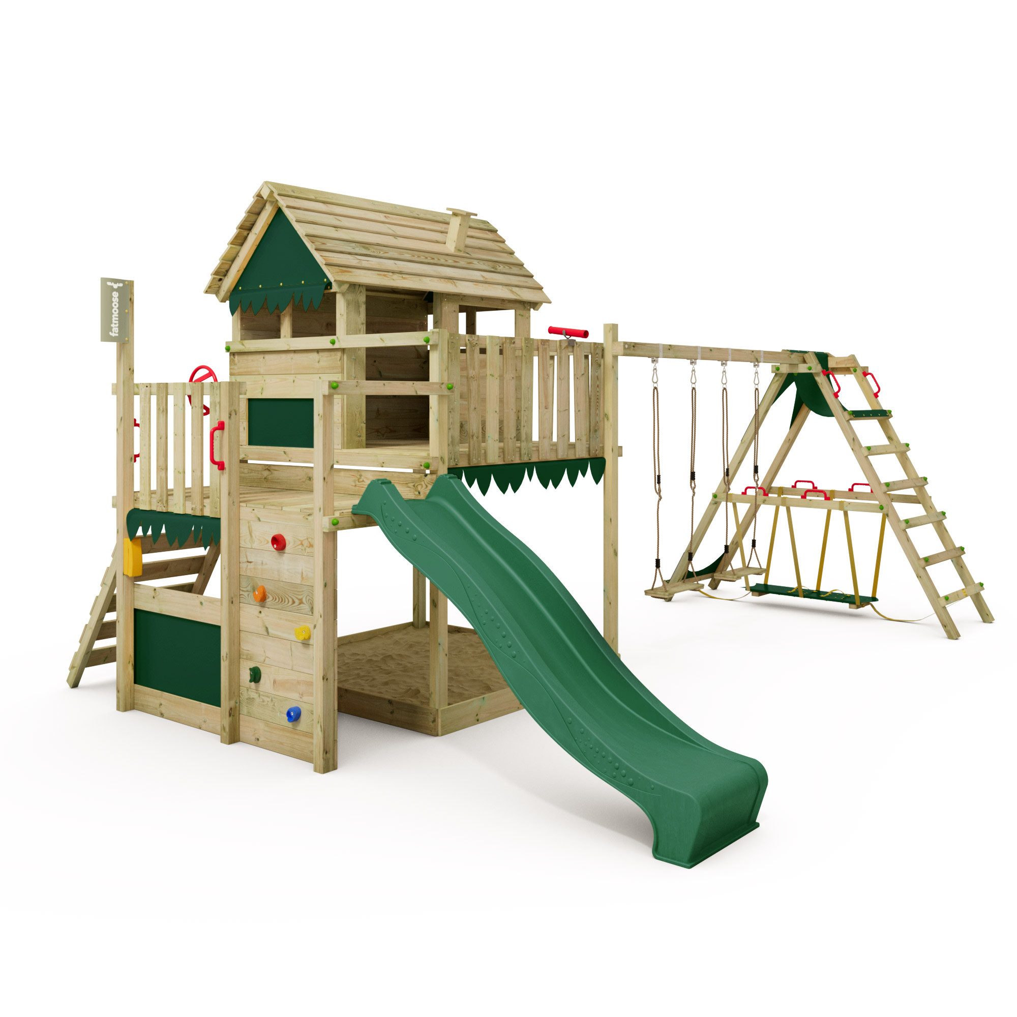FATMOOSE Klettergerüst MightyMansion Move XXL mit SurfSwing, (Stelzenhaus mit Ladentheke, Markise und viel Zubehör, Spielhaus mit Rutsche, Wackelbrett, Rennlenker, Teleskop und Telefon), extrem witterungsbeständig mit 10 Jahren Garantie*
