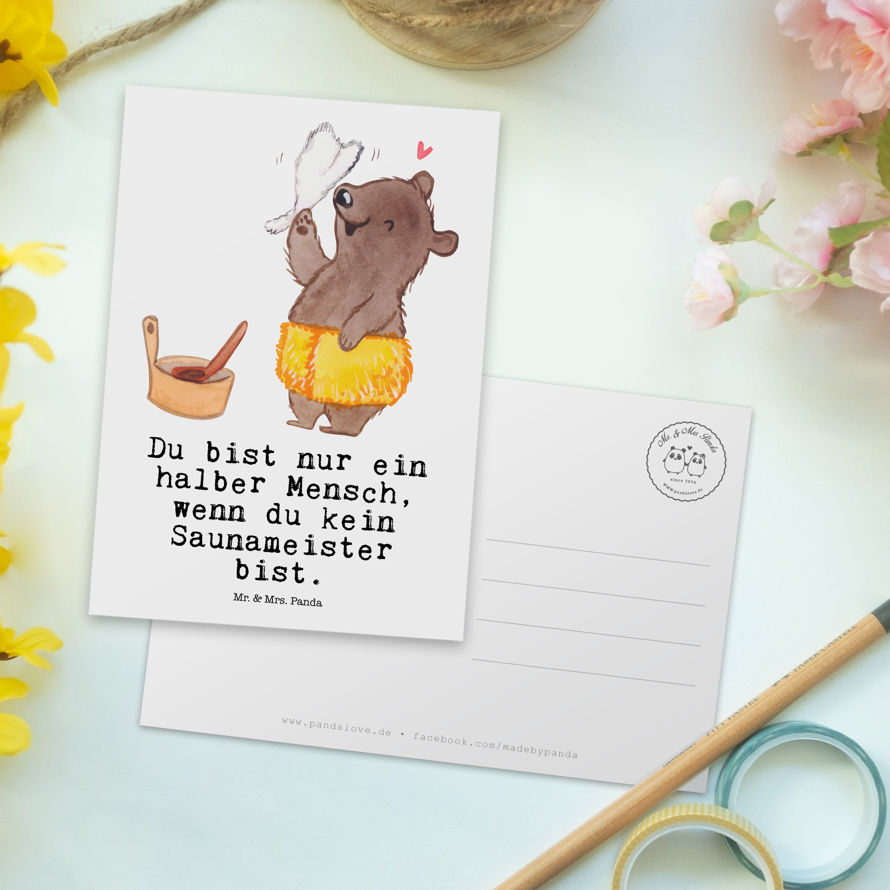 Geschenk, Herz Dankeskarte, mit & Weiß Saunameister - Mrs. Koll Mr. Panda Grußkarte, - Postkarte