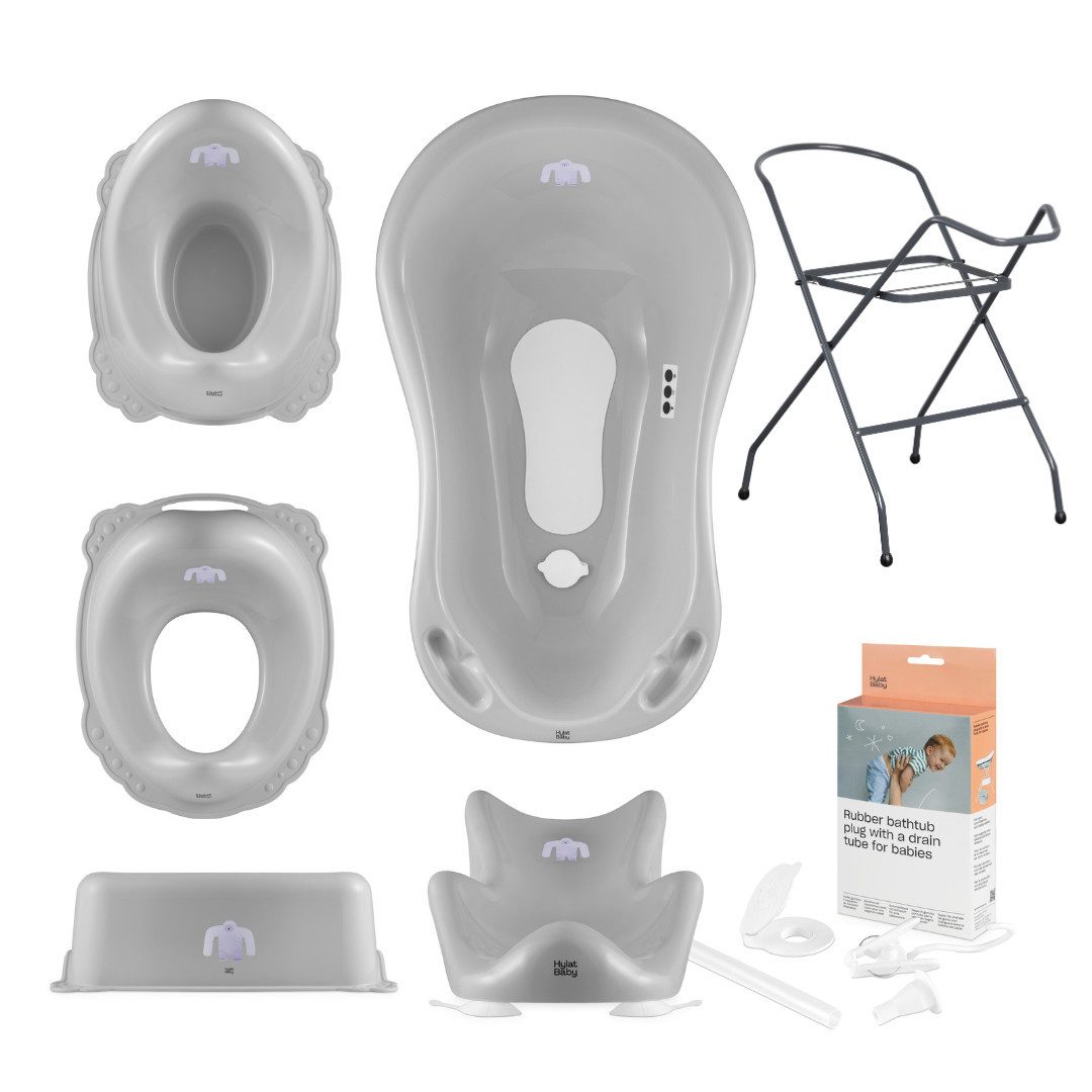 Hylat Baby Babybadewanne Hylat Baby Badewanne Set - für Neugeborene und Babys – Motiv Yeti, (7-teiliges SET, 7-tlg), Babywanne, Sitz, Ständer, Schemel, Topf, Toilettensitz, Abfluss – Grau