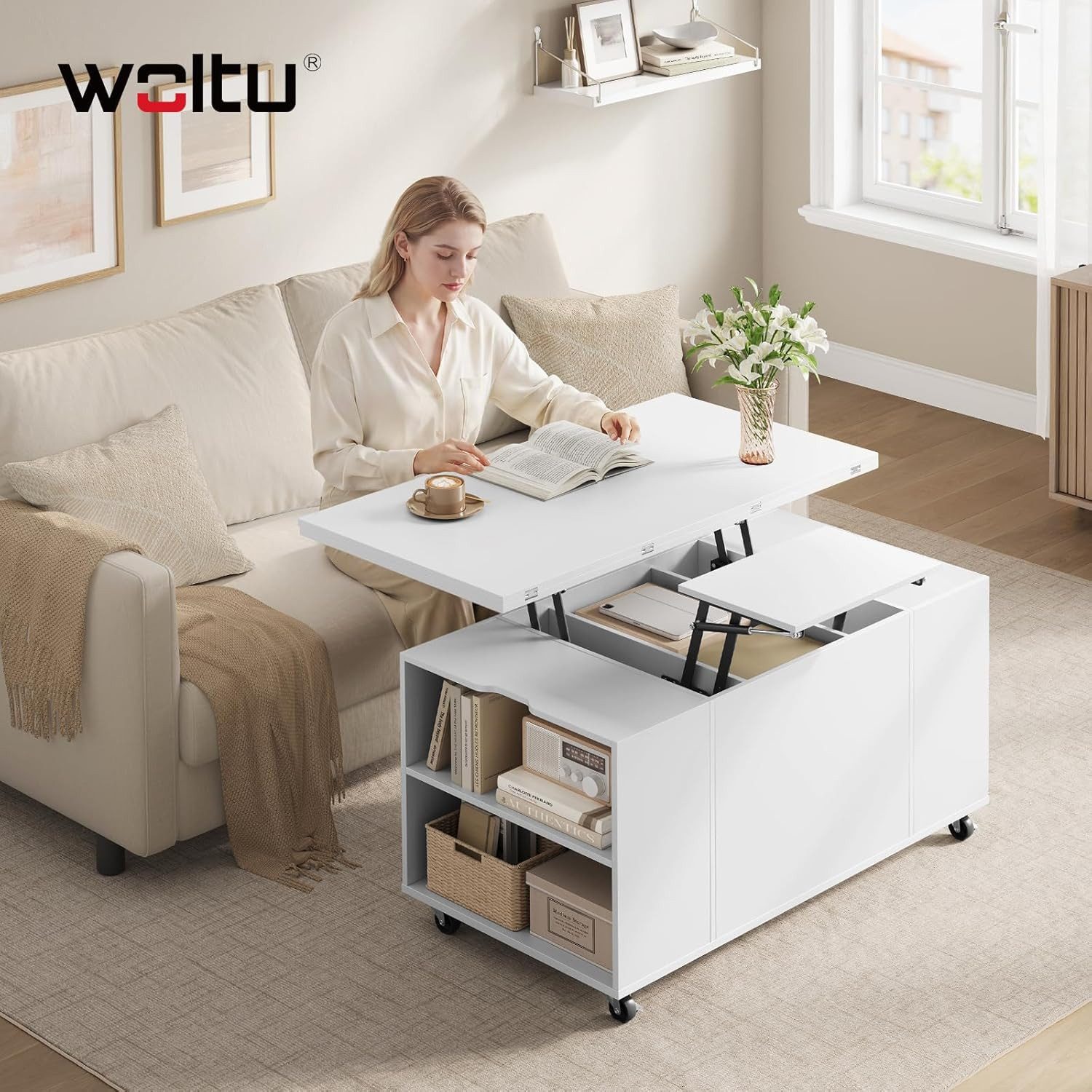 Woltu Couchtisch (1-St), höhenverstellbar mit Rollen, Hebeplatte Schublade