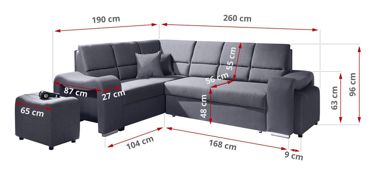 MKS MÖBEL Ecksofa AKIWA, Hocker - L-Form Grau Schlaffunktion, Couch mit Wohnlandschaft 2