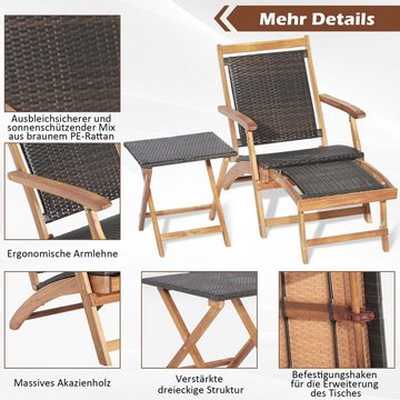 COSTWAY Gartenliege, klappbar, rattan mit Tisch&Fußstütze, 5-fach verstellbar