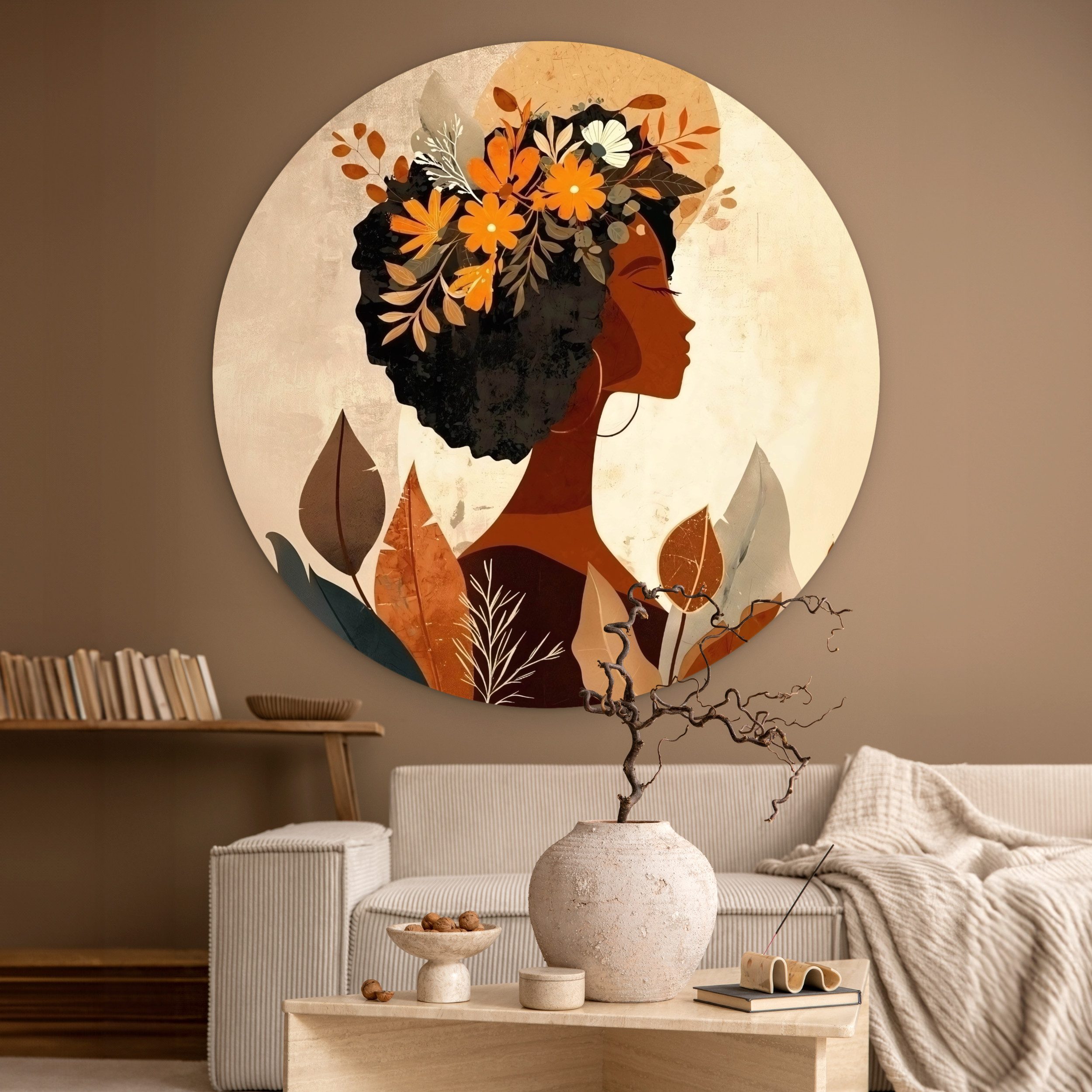 MuchoWow Gemälde Frau - Locken - Blumen - Beige, Fotodruck (1 St), Wandkreis Kunststoff für Wohnzimmer, Wandbild, 150x150 cm