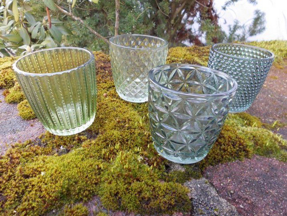 Deko-Impression Teelichthalter Windlichtgläser 4er-Set Teelichthalter St) (4 verziert grün Glas Windlicht
