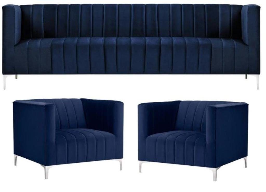 JVmoebel Wohnzimmer-Set, Navy Blau Sofagarnitur Dreisitzer Stoff Neu Kreative Design