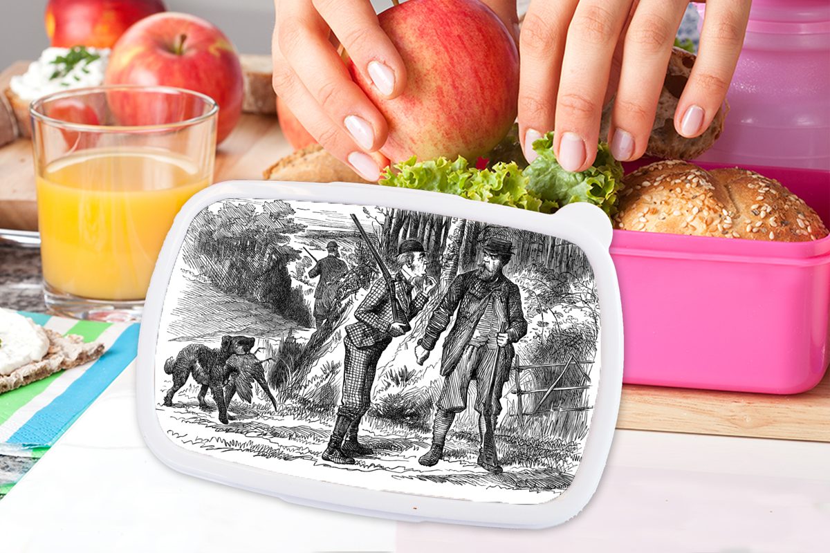 MuchoWow Lunchbox Eine Kinder, mit (2-tlg), Jagdhund, einem für Kunststoff drei Jägern Snackbox, rosa von Brotbox Illustration Brotdose Erwachsene, Mädchen, Kunststoff