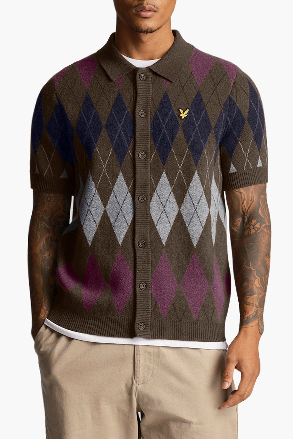 Lyle & Scott Cardigan Kurzärmelig, Nylon Olivgrün Und Wolle Aus