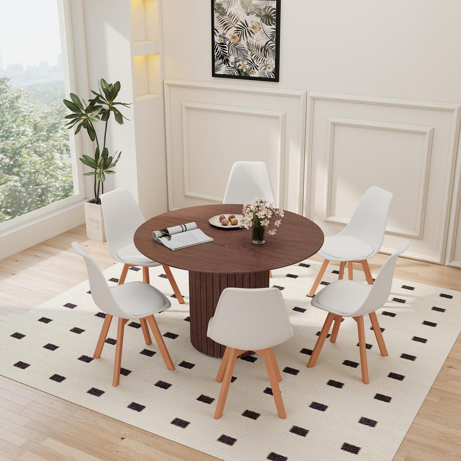 LuxusKollektion Essgruppe Esstisch rund 120cm MDF 6 Stühle 1 Tisch + 6 Stühle Dunkelbraun + Weiß
