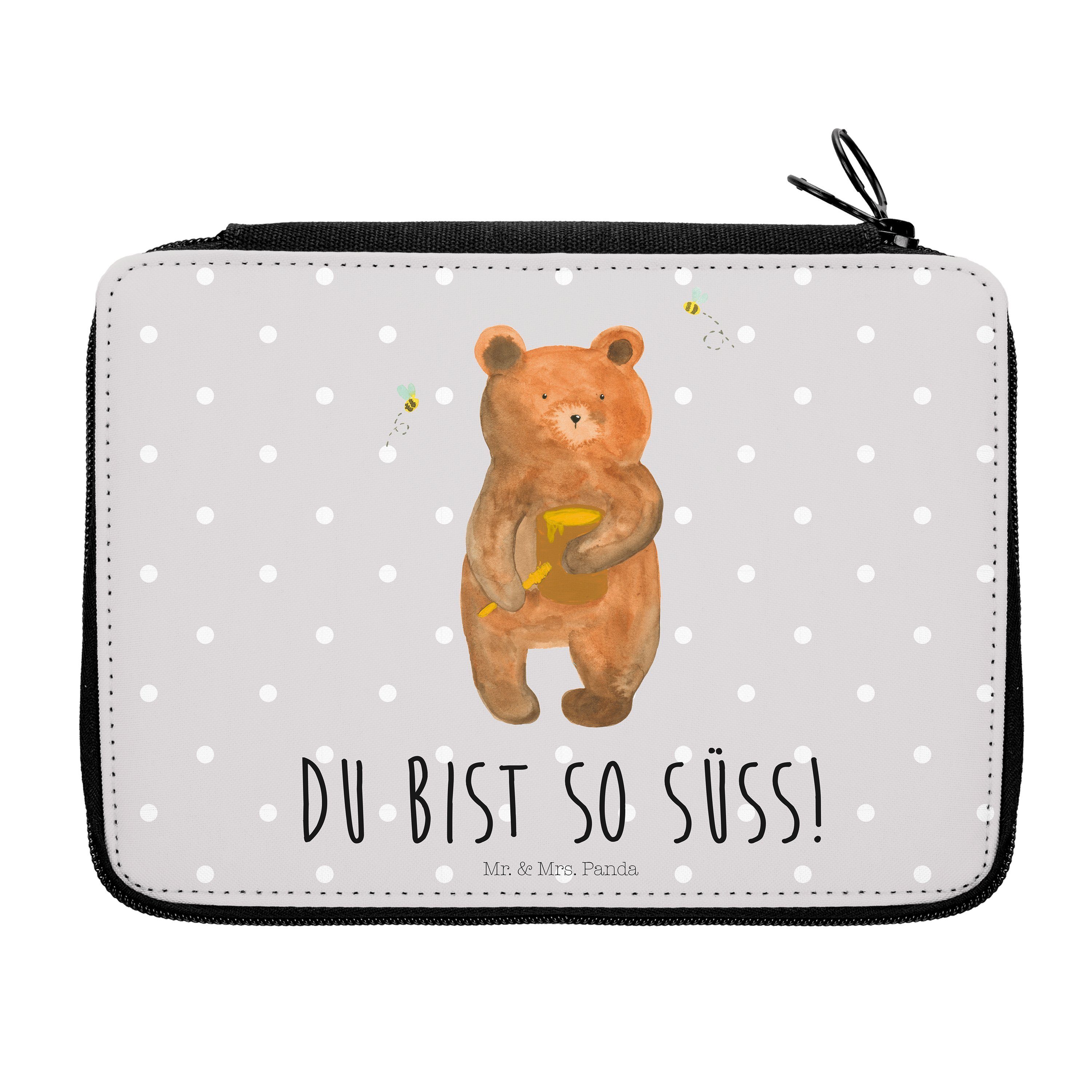 Mr. & Mrs. Panda Federmäppchen Honigbär - Grau Pastell - Geschenk, Motiv, Teddybär, Verliebte, Kind, (1-tlg)