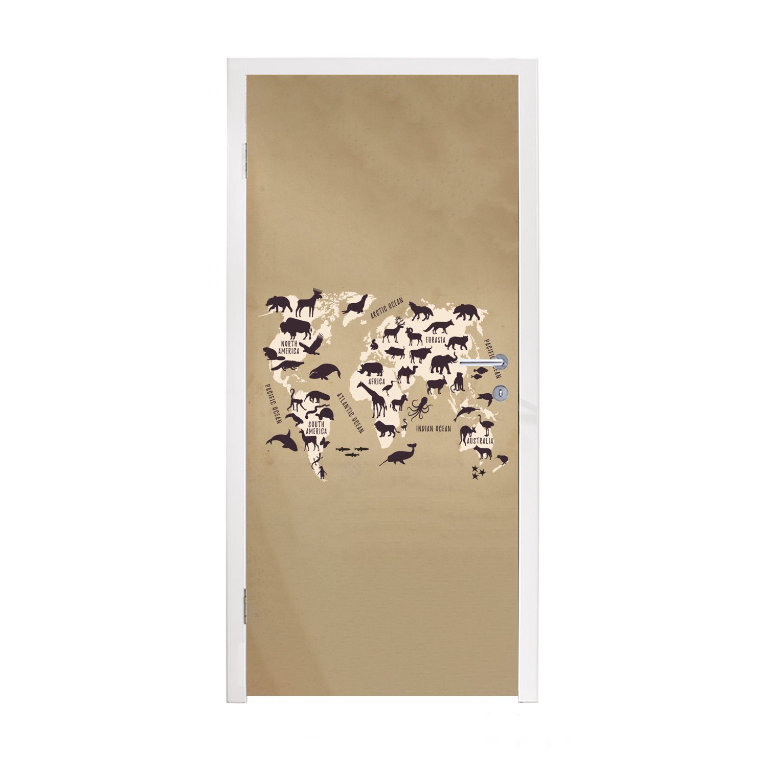 MuchoWow Türtapete Weltkarte Türaufkleber, (1 75x205 cm - Tiere Braun, Tür, Matt, - bedruckt, für St), Fototapete