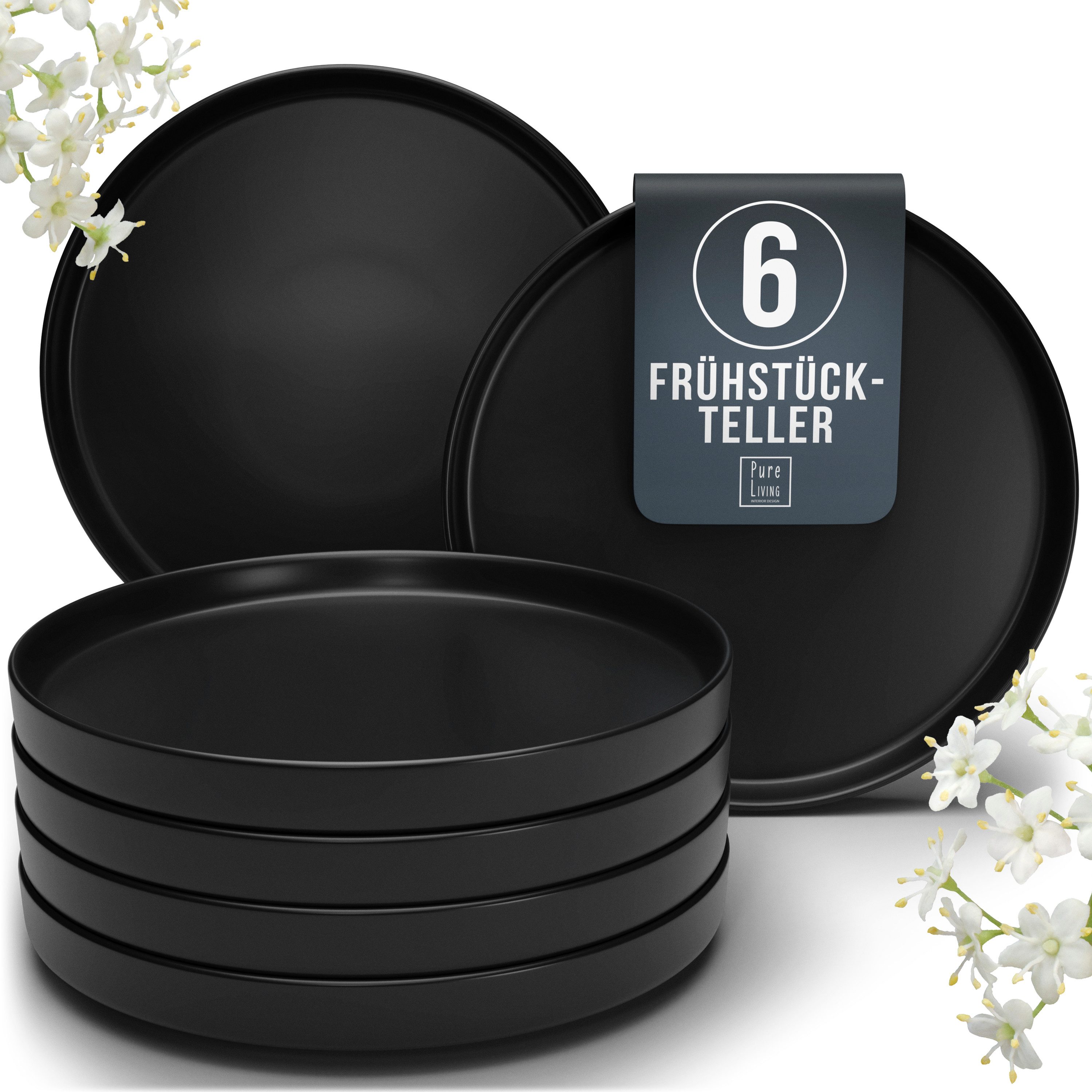 PURE LIVING INTERIOR DESIGN Geschirr-Set Manhattan Dessertteller, Frühstückteller, 6er-Set, 20 cm, Schwarz, 6 Personen, Steingut, Urbanes Matt-Schwarz Design, Klare moderne Formen, Massives Steingut …