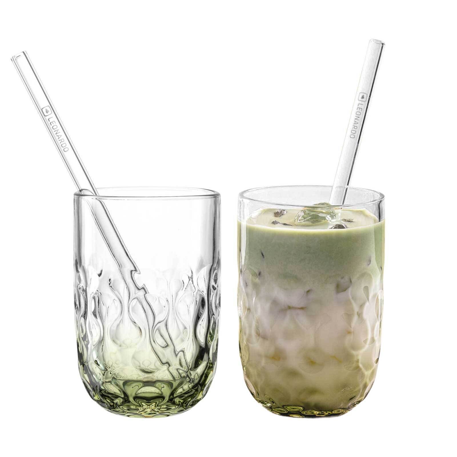 LEONARDO Latte-Macchiato-Glas Gocce Matcha Latte Gläser mit Glastrinkhalm (2), 4-tlg., Glas