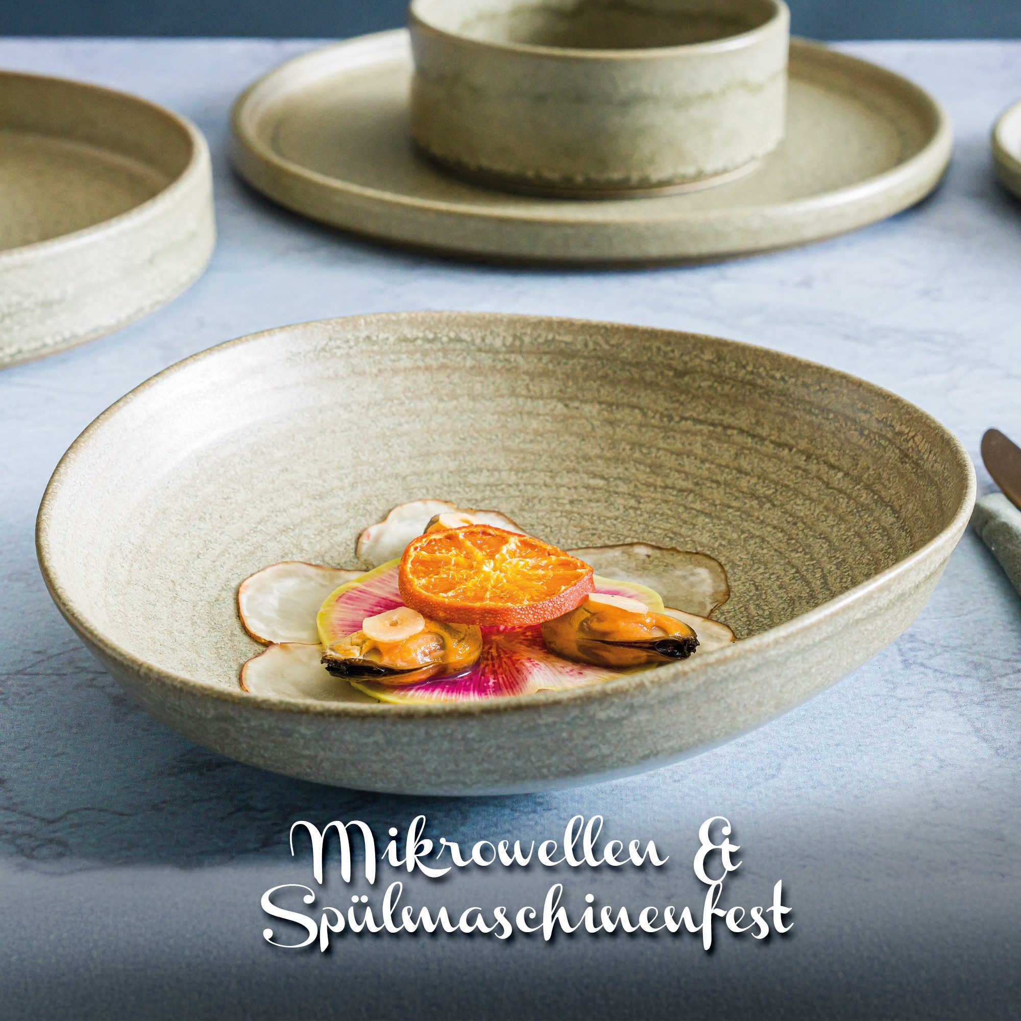 Bonna Teller-Set Adelfa Ripple Tiefer Speiseteller Ø 26 cm, Porzellan Grün (6-tlg), Porzellan, Spülmaschinen- & Mikrowellengeeignet