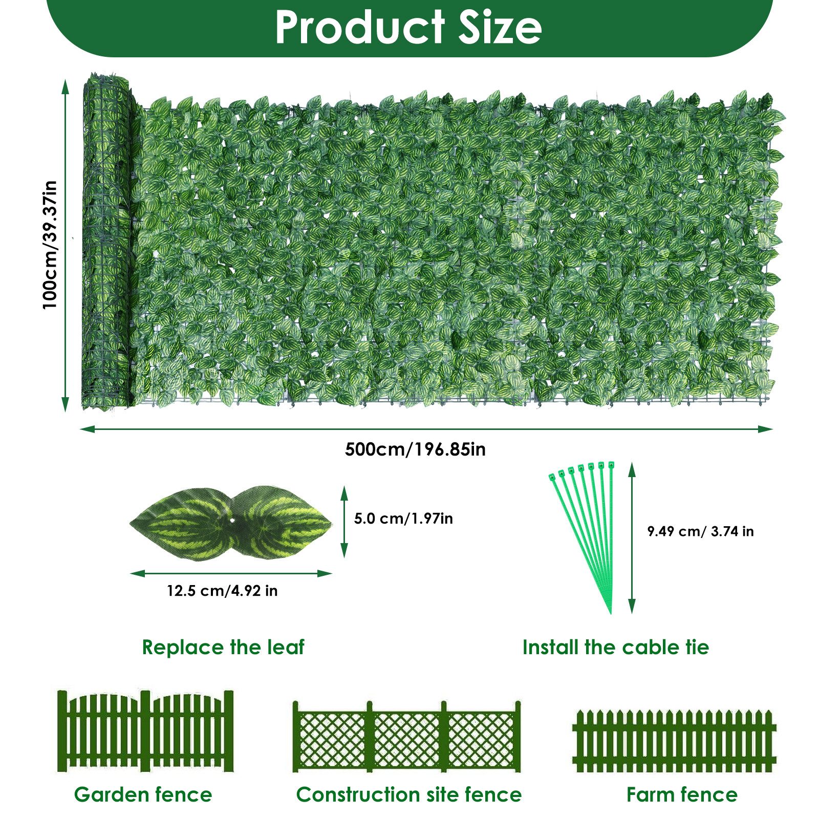 BlingBin Balkonsichtschutz Künstliche Efeu Hecke Windschutz, Sichtschutzhecke für Garten, 1x5m (1er Set, 1-St., Inklusive 100 Kabelbinder, Wassermelonenblätter) Sichtschutz Künstliche Hecke für Balkon, Hof, Gartendekoration