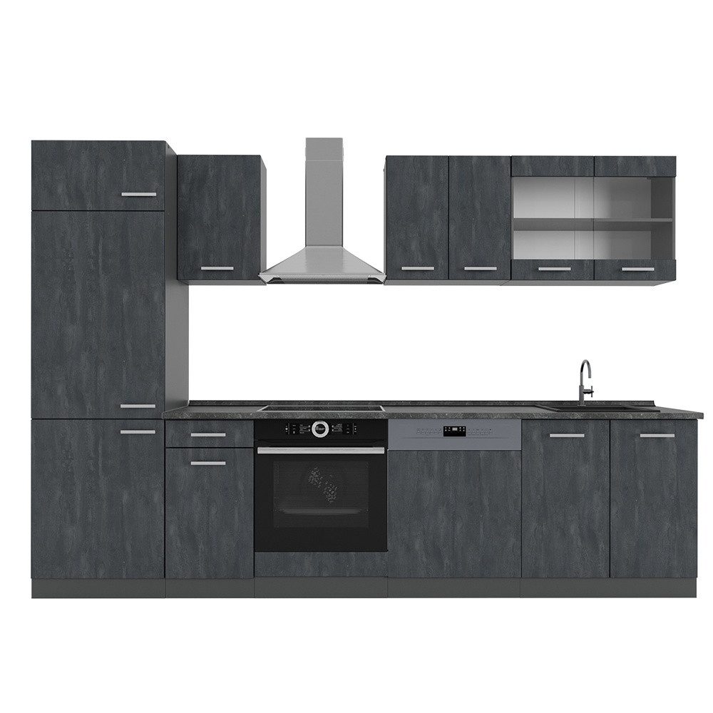 Vicco Küchenzeile R-Line, Schwarz Beton/Anthrazit, 300 cm AP Anthrazit