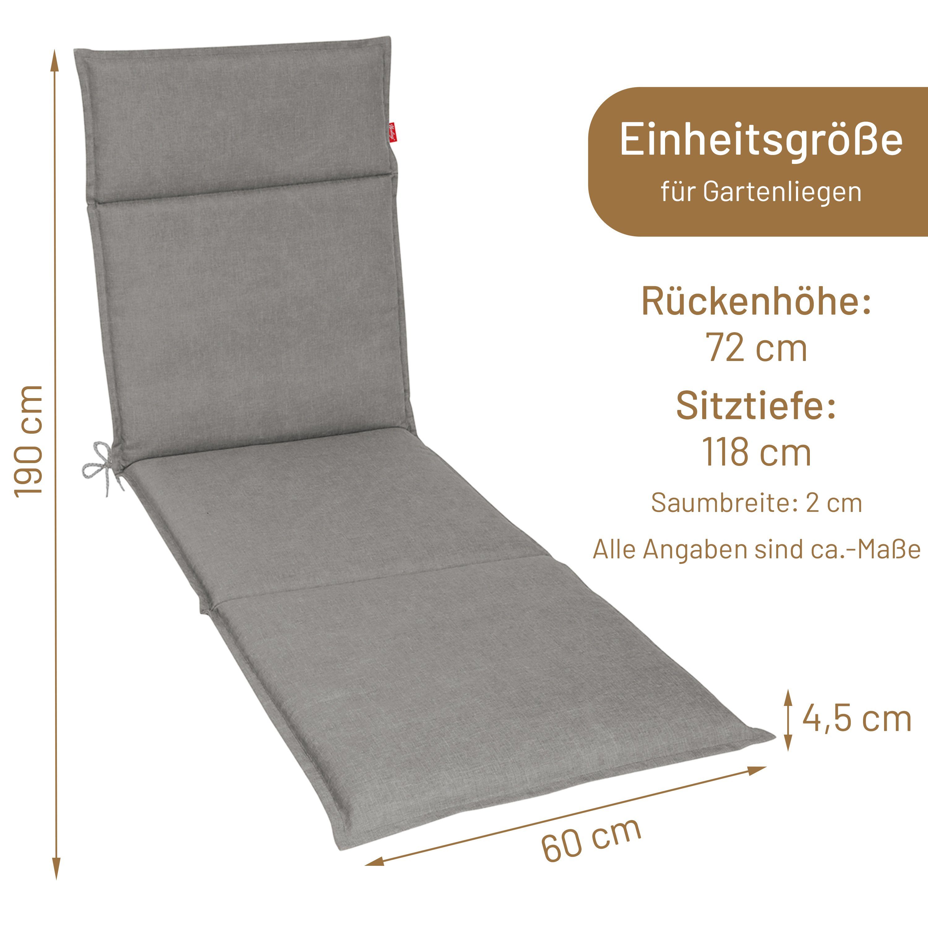 Herlag Liegenauflage Bea, Liegepolster Gartenliege 190x60x4,5cm Wasserabweisend Grau