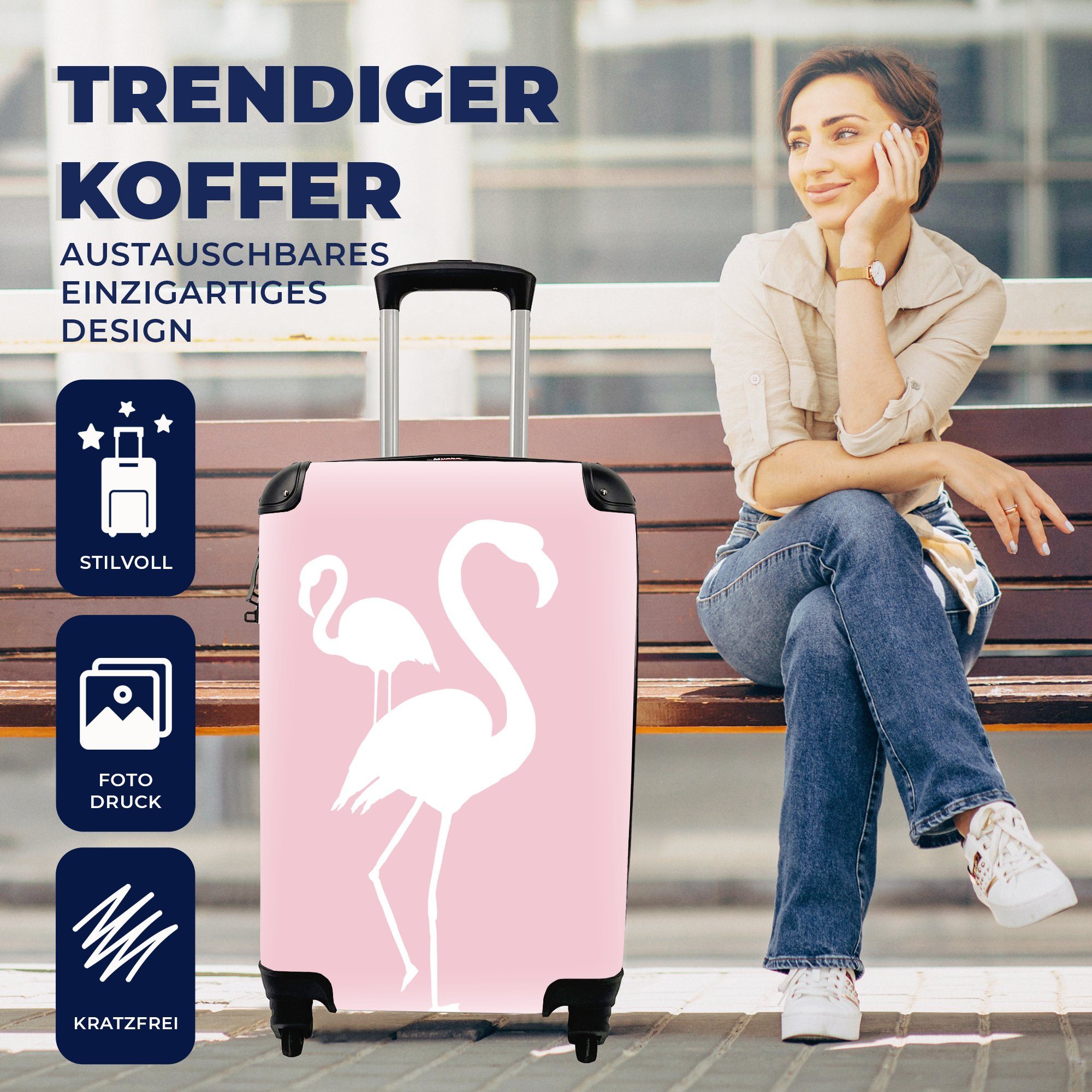 MuchoWow Handgepäckkoffer Reisetasche mit Ferien, 4 - Handgepäck Reisekoffer Flamingo, rollen, Trolley, Rosa für Weiß Rollen, 
