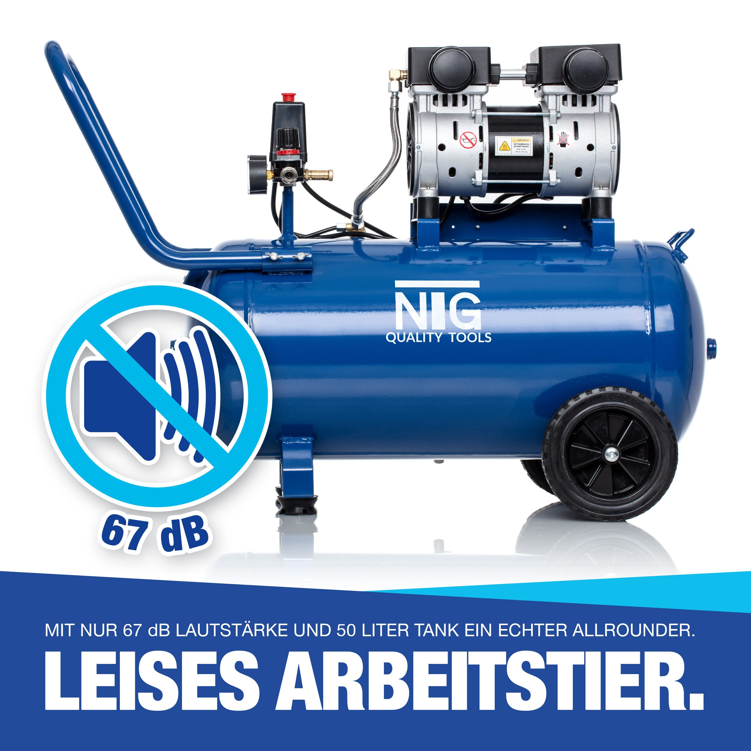 NTG Nutzfahrzeug Technik GmbH Kompressor NTG Silent Kompressor 9 Bar 50 L Tank 1470W Starke Leistung Ölfrei, max. 9 bar, 50 l, 2 PS, 9 Bar, Ablass Ventil, Super Leise, Ölfrei