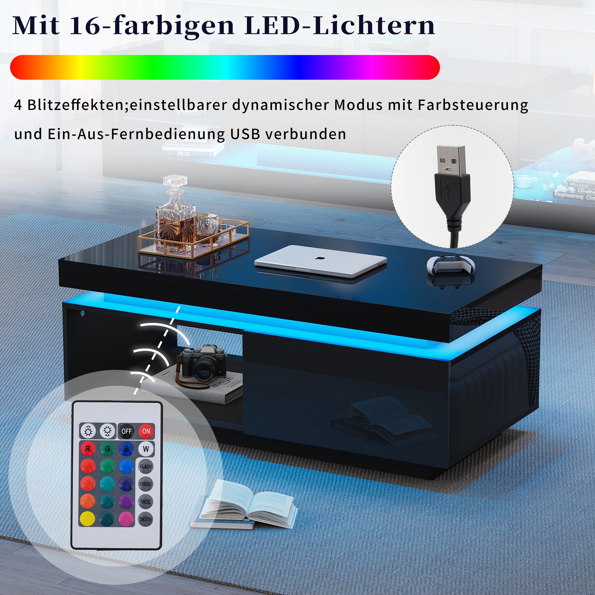HAUSS SPOLE Wohnzimmer-Set Hochglanz TV-Wandschrank + Couchtisch, Set mit LED-Leuchten schwarz, (Wohnzimmer-Wand-Set, 2-St., 100x50x40cm Couchtisch, 181*38*38cm TV-Schrank), mit LED-Beleuchtung