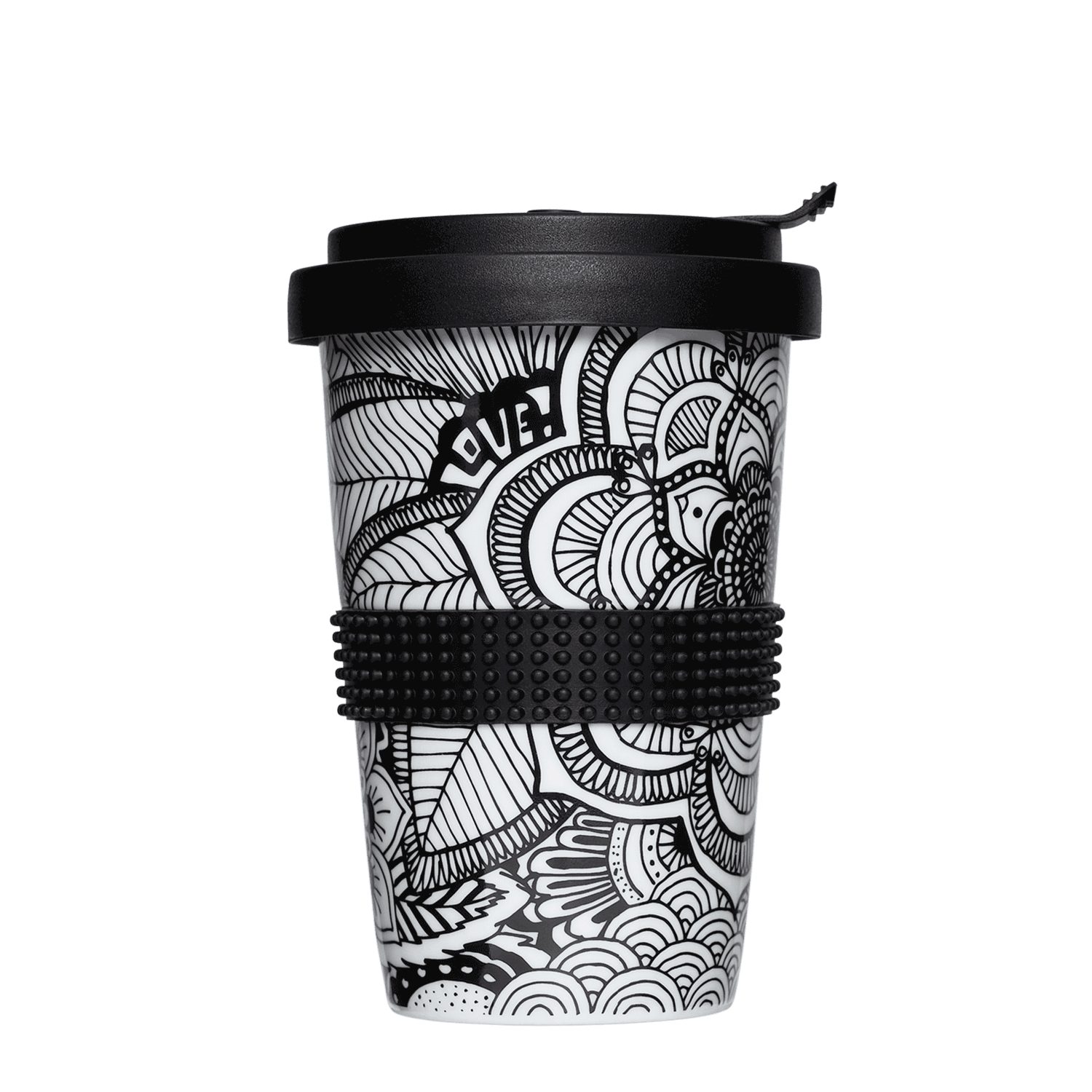 Mahlwerck Manufaktur Coffee-to-go-Becher Boho Mandala Becher + Deckel, Porzellan, 400 ml, auslaufsicher, spülmaschinengeeignet, 100% klimaneutral Boho Black