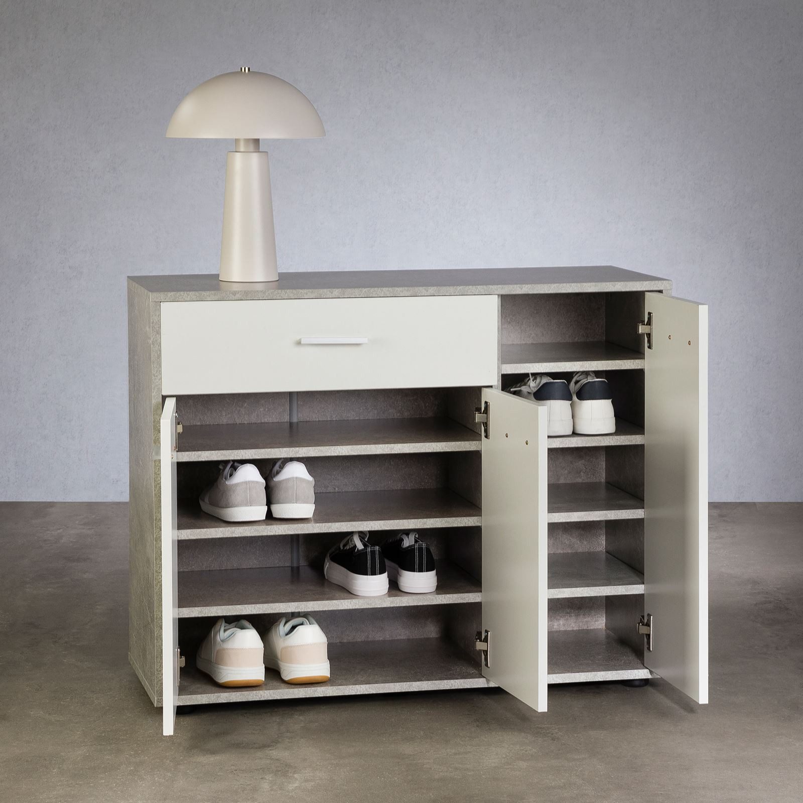 CARO-Möbel Schuhschrank DEUSTO Schmale Flurkommode mit Schublade und 3 Türen betonoptik/weiß – Bild 3 von 5