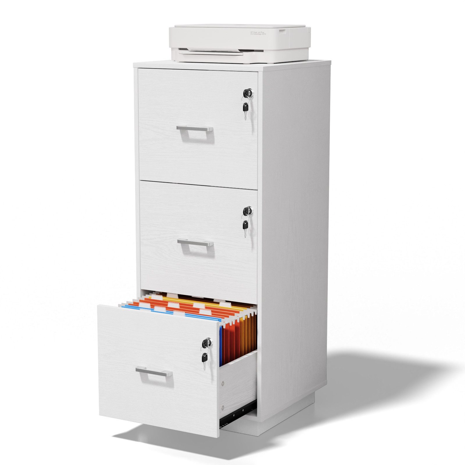 VINGLI Aktenschrank mit 3 Schubladen, Büroschrank abschließbar, 39x39x98 cm verstellbare Hängestange für A4 und Letter, Druckerständer Holz