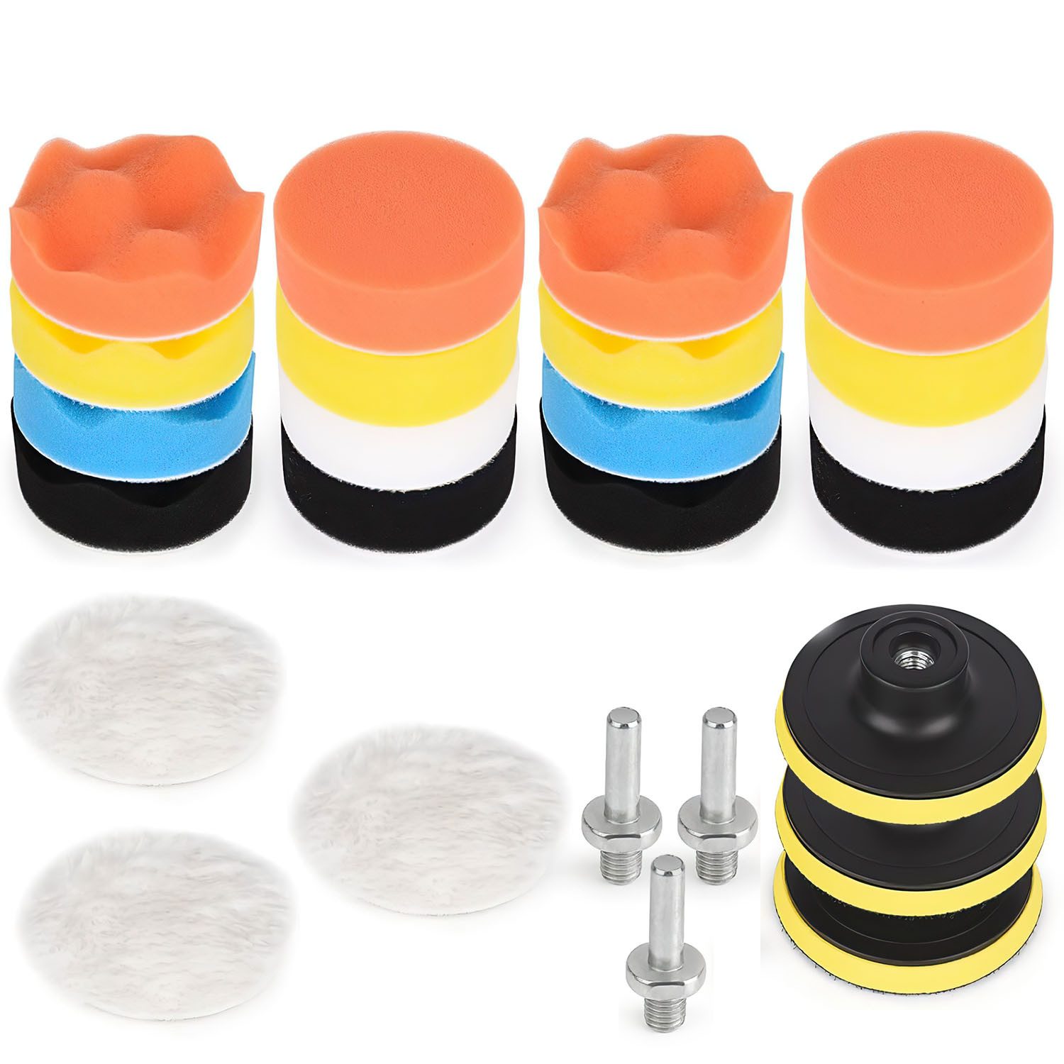 HEYHIPPO 3-inch Polishing Pad Set for Cars, 25-piece, Sponge Pads & Drill Attachment, Suitable for Polishing, Waxing, Sealing and Sanding, For Paint Care