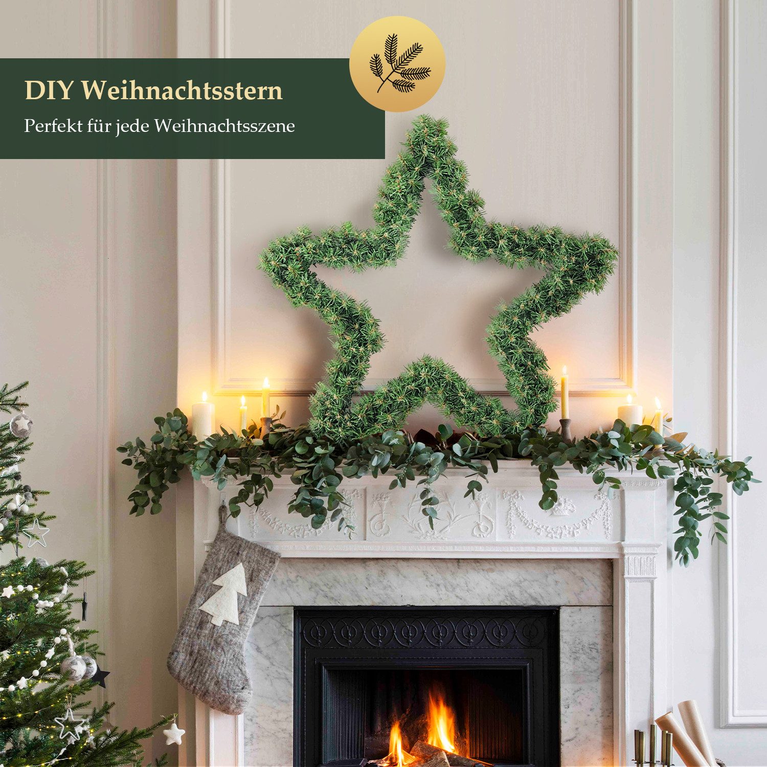 Kunstgirlande Weihnachtsstern aus Weihnachtsgirlande PVC Weihnachtsdeko Außen Innen, Salcar, 55 cm mit 240 grünen Zweigen