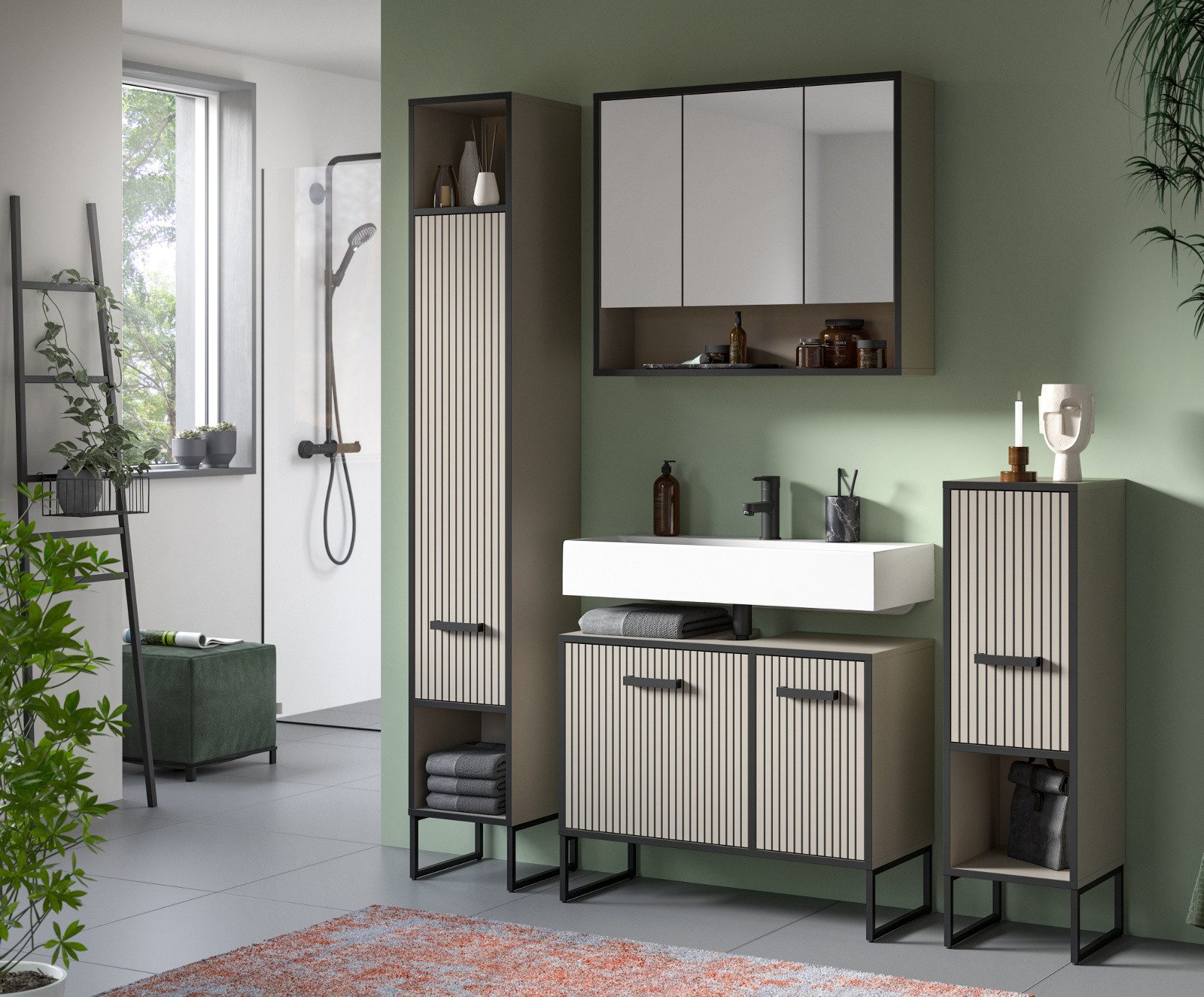 Inn.Furn Badmöbel-Set Scana, (Badezimmer in Sand und schwarz, Komplett-Set 4-teilig), mit Soft-Close-Funktion